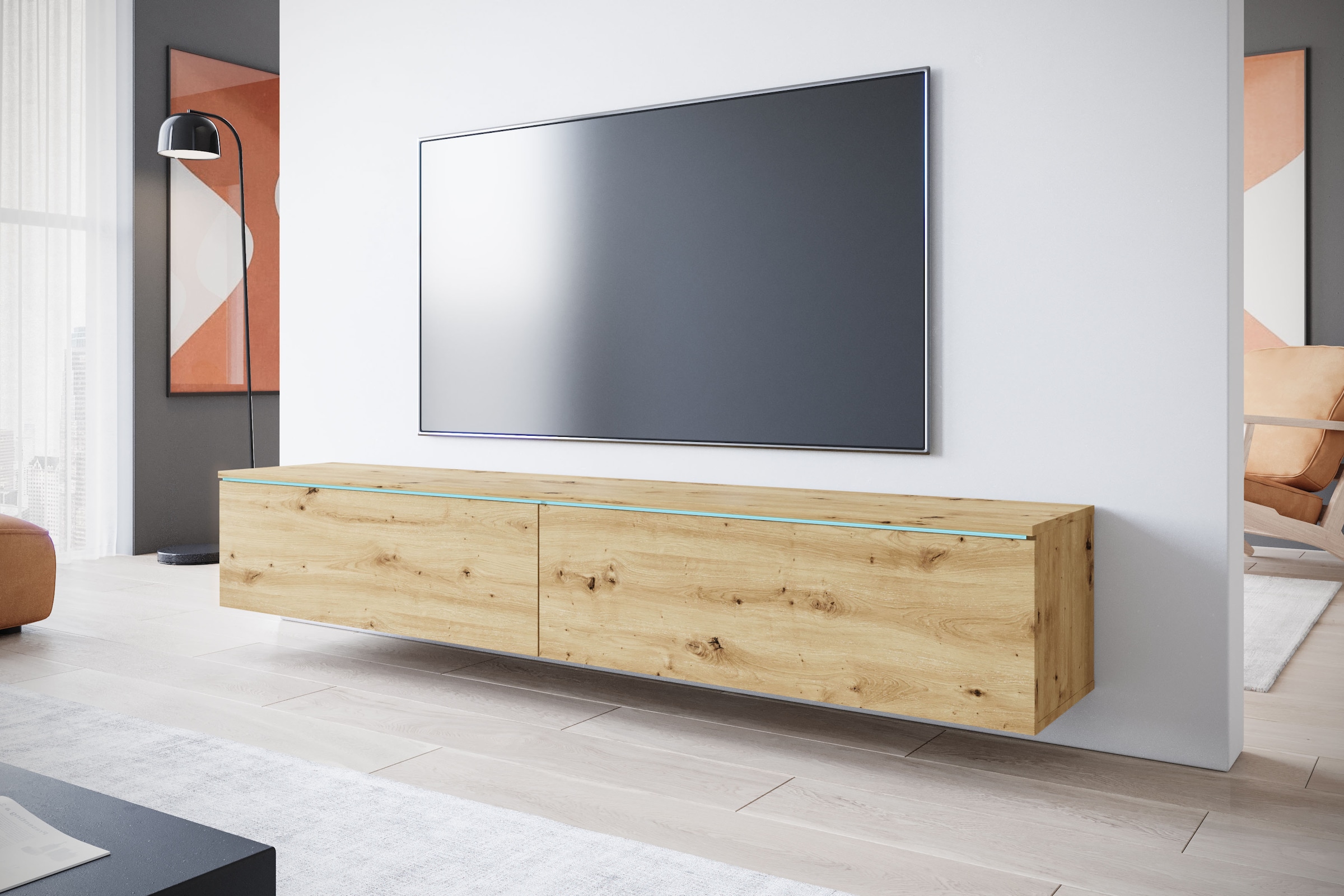 INOSIGN Lowboard »LOWBOARD VERA, wahlweise mit oder ohne Beleuchtung«, Modernes griffloses TV-Board, 180 cm TV-Schrank, stehend und hängend