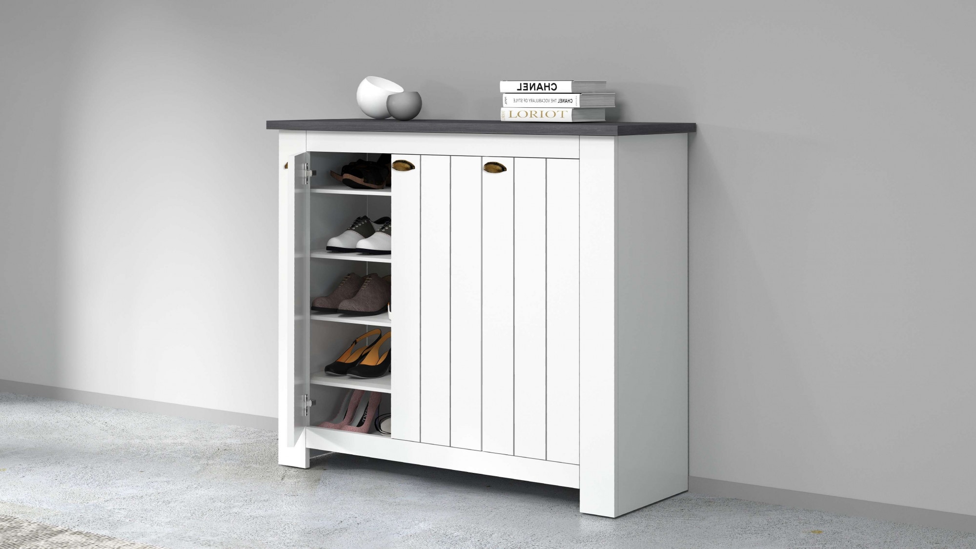 INOSIGN Schuhschrank »FIGO, Made in Italy – Schuhkommode,Schuhregal für ca. 30 Paar Schuhe«, (1 St.), 3-Türig, Siebdruck-dekorative Fräsungen, 10 Fächer, Höhe: 100 cm