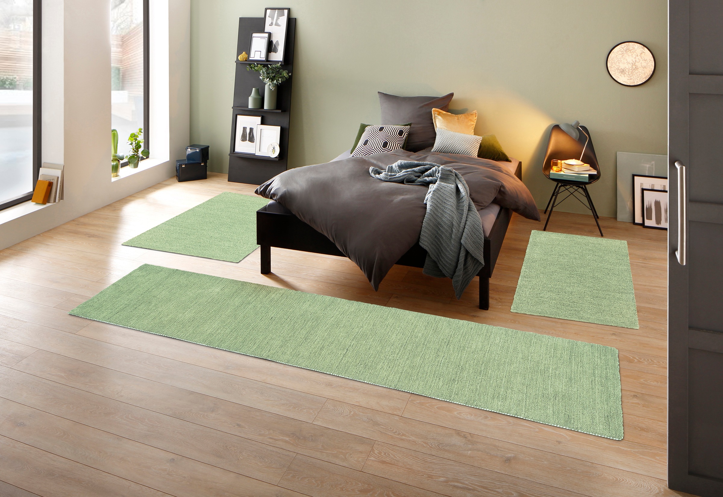 THEKO Bettumrandung »Gabbeh Uni, Handweb Teppich, meliert, reine Wolle« Höhe 14 mm 3 Stk. tlg. Bettvorleger, Uni-Farben, handgewebt, Läufer-Set, Schlafzimmer