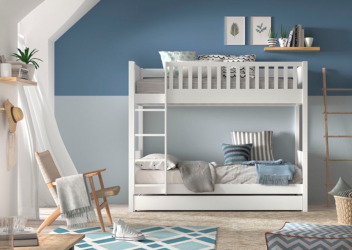 Vipack Etagenbett »Scott, Kiefer massiv, stabil gebaut, Made in Europe, Landhaus-Optik«, (B/H/T ca. 208x175x105cm, inkl. Rolllattenroste, Leiter, Absturzschutz), wahlweise mit 2 kleinen oder 1 großen Bettschublade auf Rollen