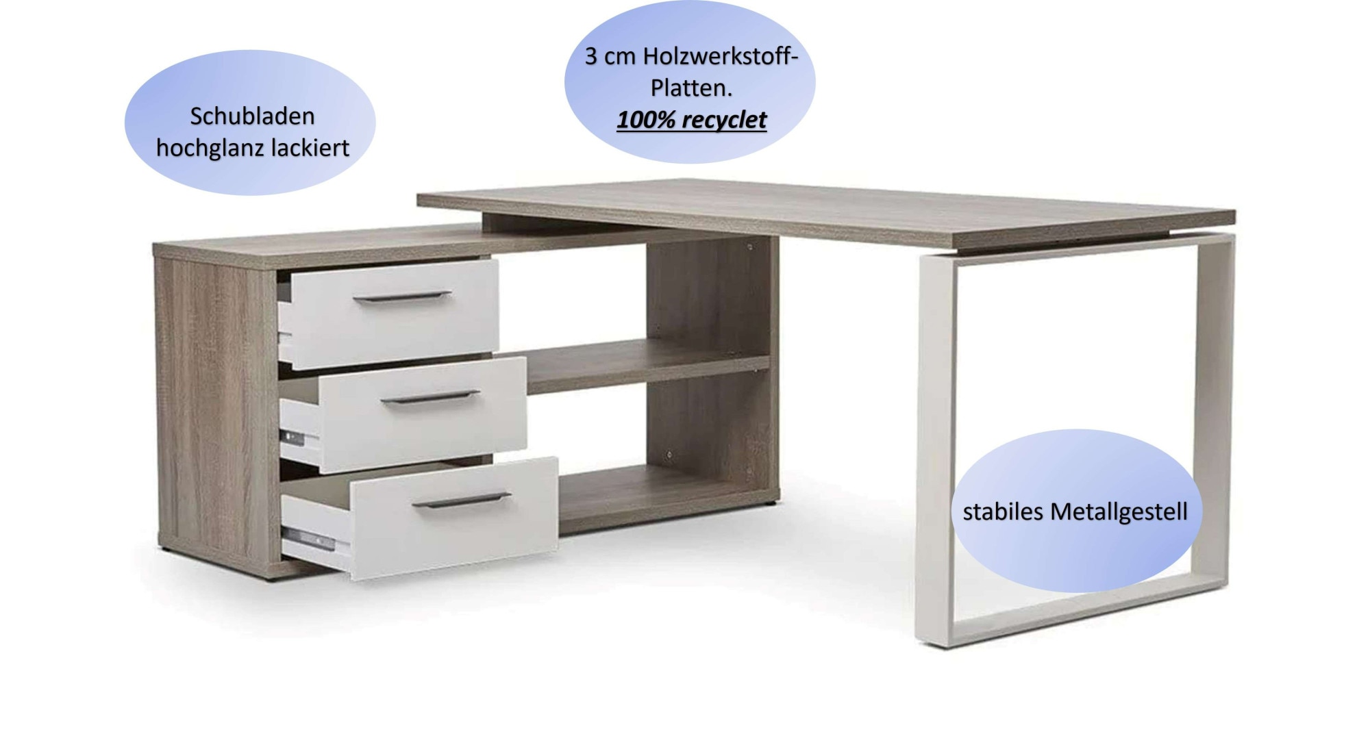 Composad Eckschreibtisch »Disegno«, mit 3 Schubladen und zwei offene Fächer