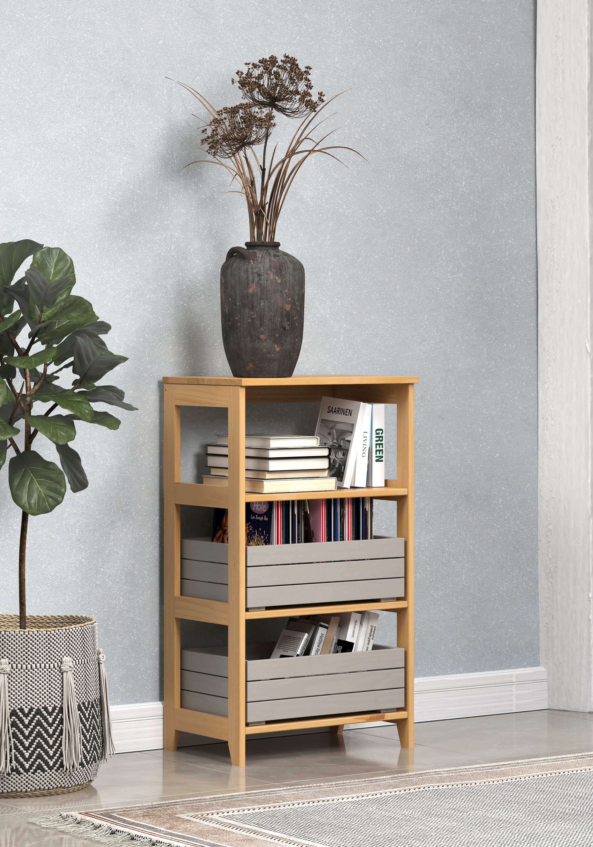INTER-FURN Schublade »Arona Holzkisten«, (2 St.), 2er Set Massivholzkisten, Kiefer, Grau Wachs, B/H/T: 45 / 15 / 32 cm