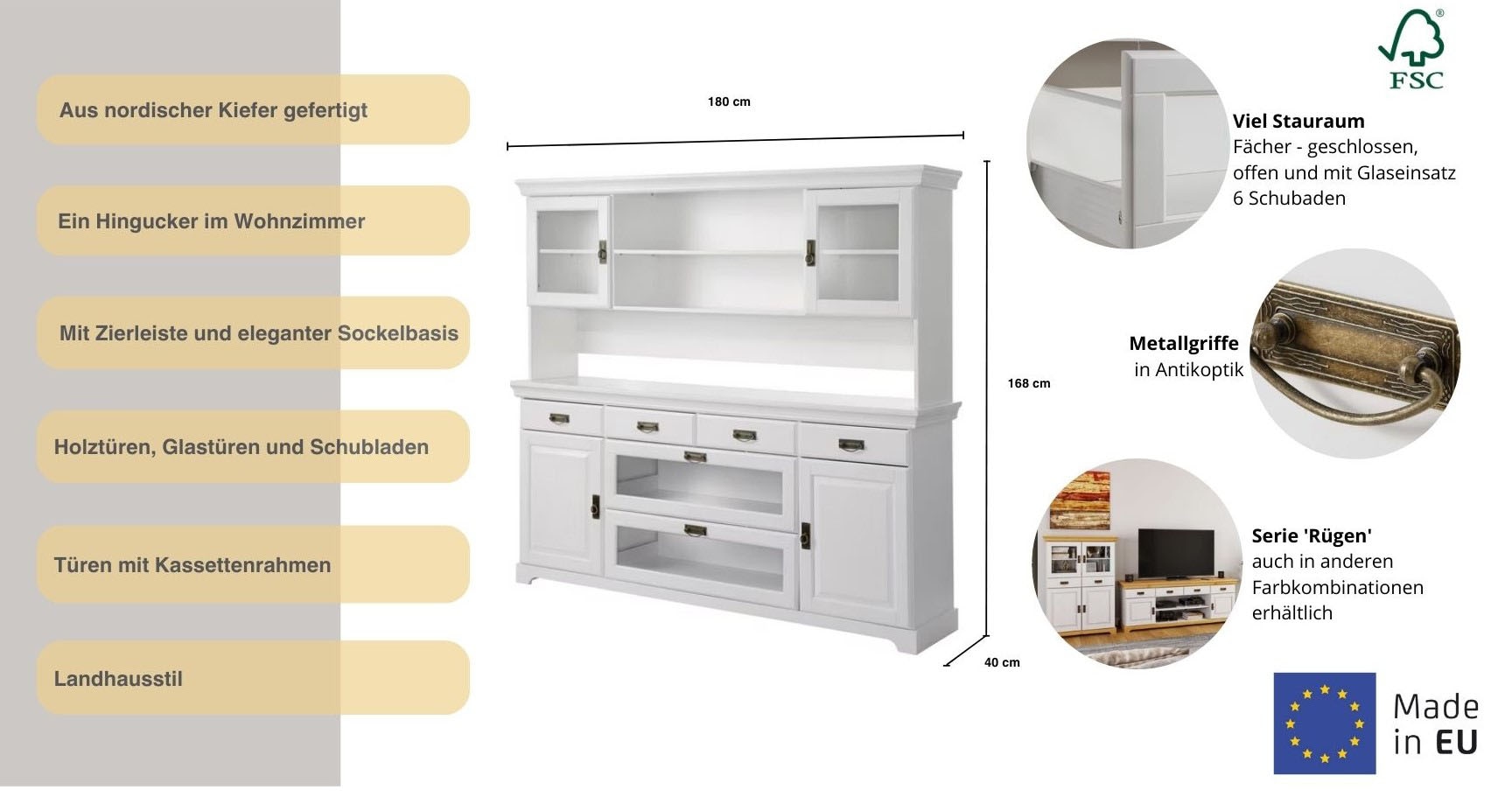 Home affaire Buffet »Rügen«, zertifiziertes Massivholz, im Landhausstil