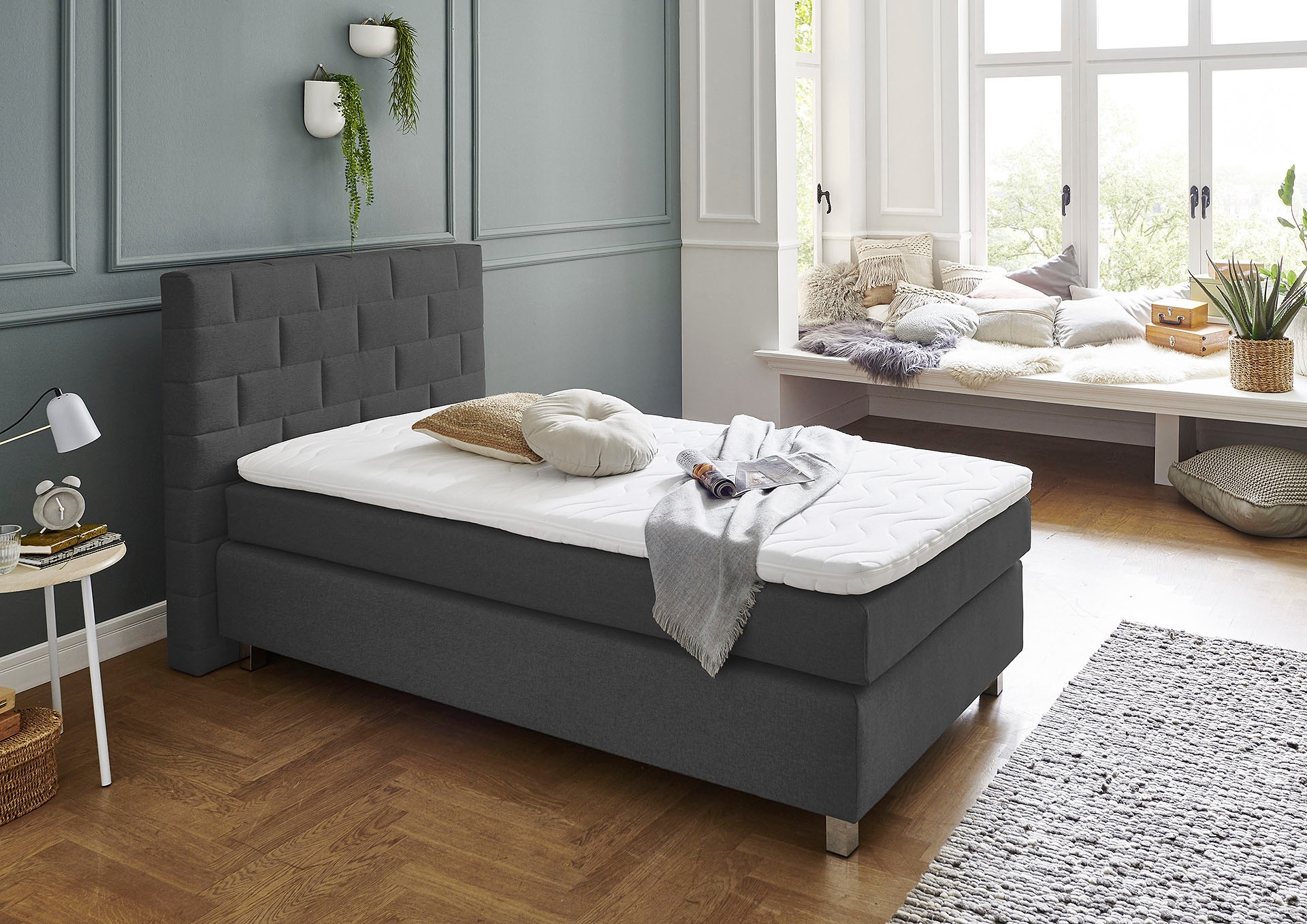 Westfalia Schlafkomfort, Boxspringbett mit Topper, charcoal, Bezug Bett: Feinstruktur 100% Polyester;Bezug Bonnell-Federkernmatratze: 100% Polyester;