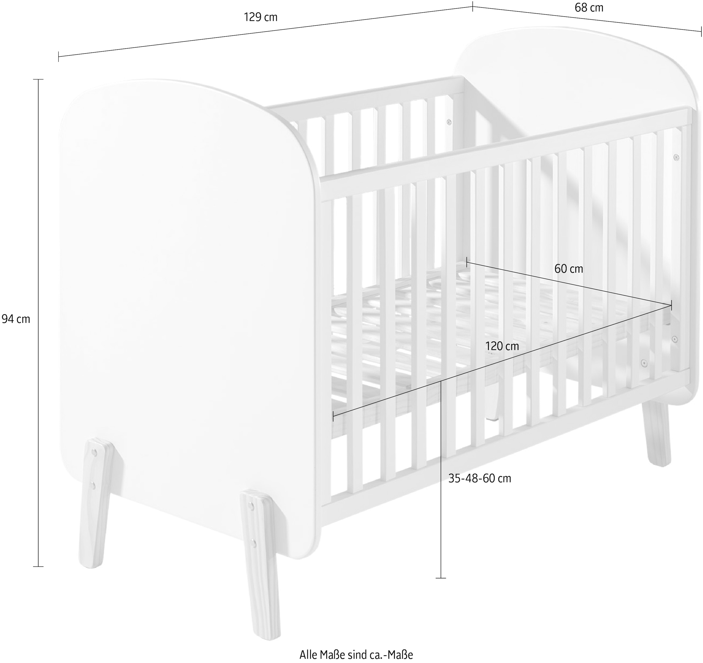 Vipack Babybett, Babybett mit Liegefläche 60 x 120 cm weiß lackiert