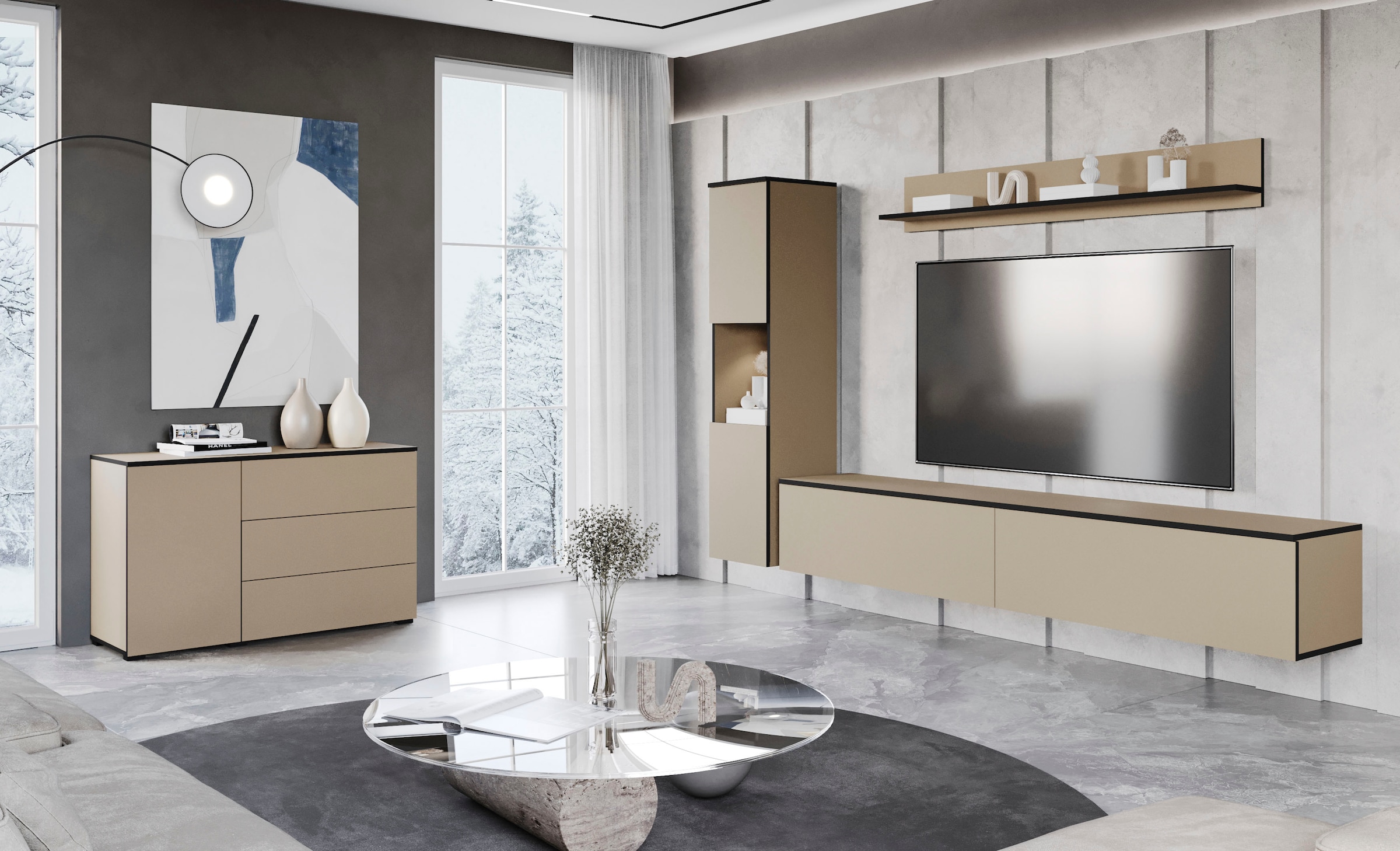 INOSIGN Wohnwand »PARIS, Vitrine Türanschlag links/rechts wechselbar«, (Komplett-Set, 3 St.), grifflose Design, stehend und hängend montierbar
