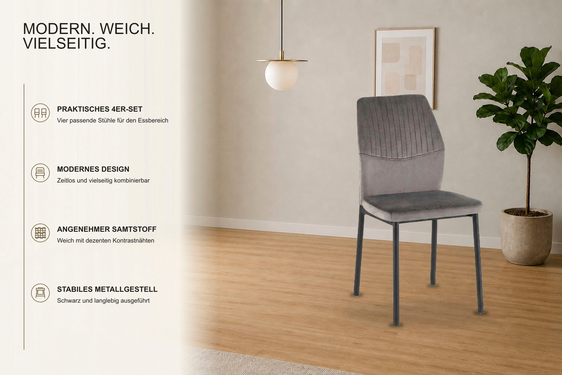 OTTO home Esszimmerstuhl »Nora, 4er-Set« (Set) 4 Stk.moderne Samtstühle mit Kontrastnähten und schwarzem Metallgestell