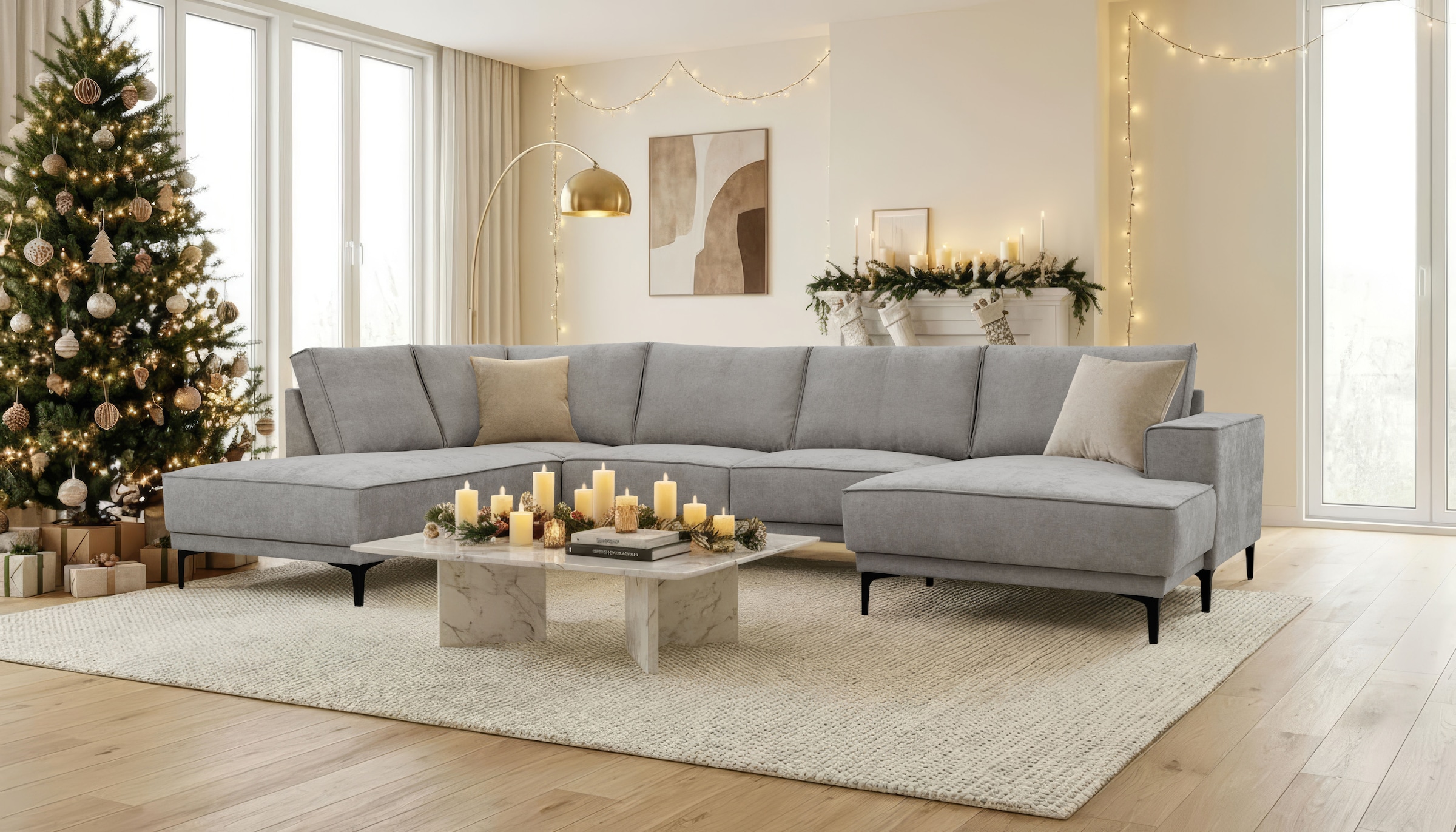 OTTO home Wohnlandschaft »XXL Sofa Oland, Struktur, Flachgewebe, Luxus-Microfaser, Boucle« U-Form, 345 cm, Wellenunterfederung, Skandi-Design, Metallfüße
