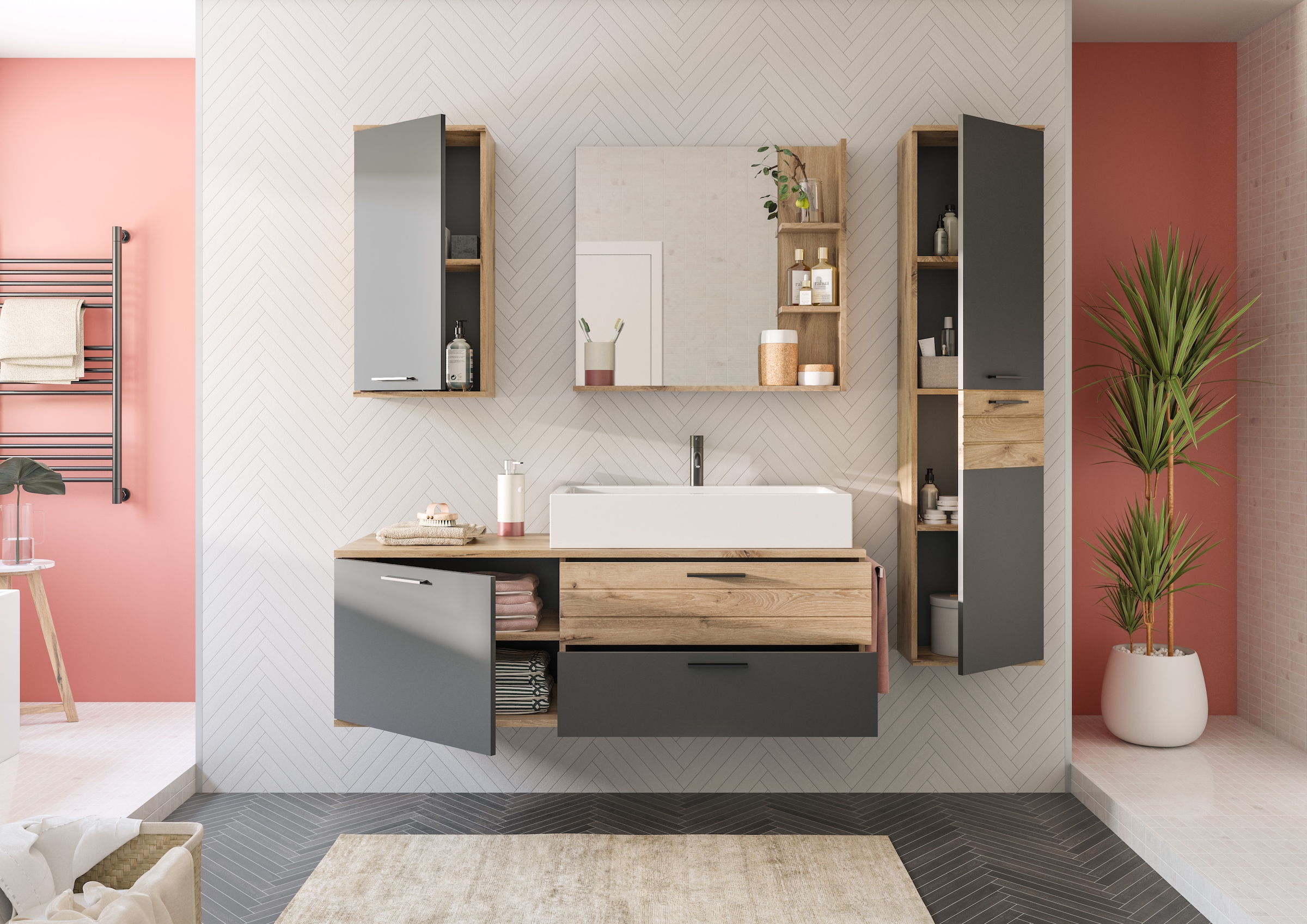 INOSIGN Waschtisch-Set »Riga, Breite 140 cm, inkl. Aufsatzwaschbecken, 2 Schubkästen, 1 Tür«, (Set, 1 St.), Hängeschrank, Unterschrank, Badmöbel, Badschrank, Schrank, Bad