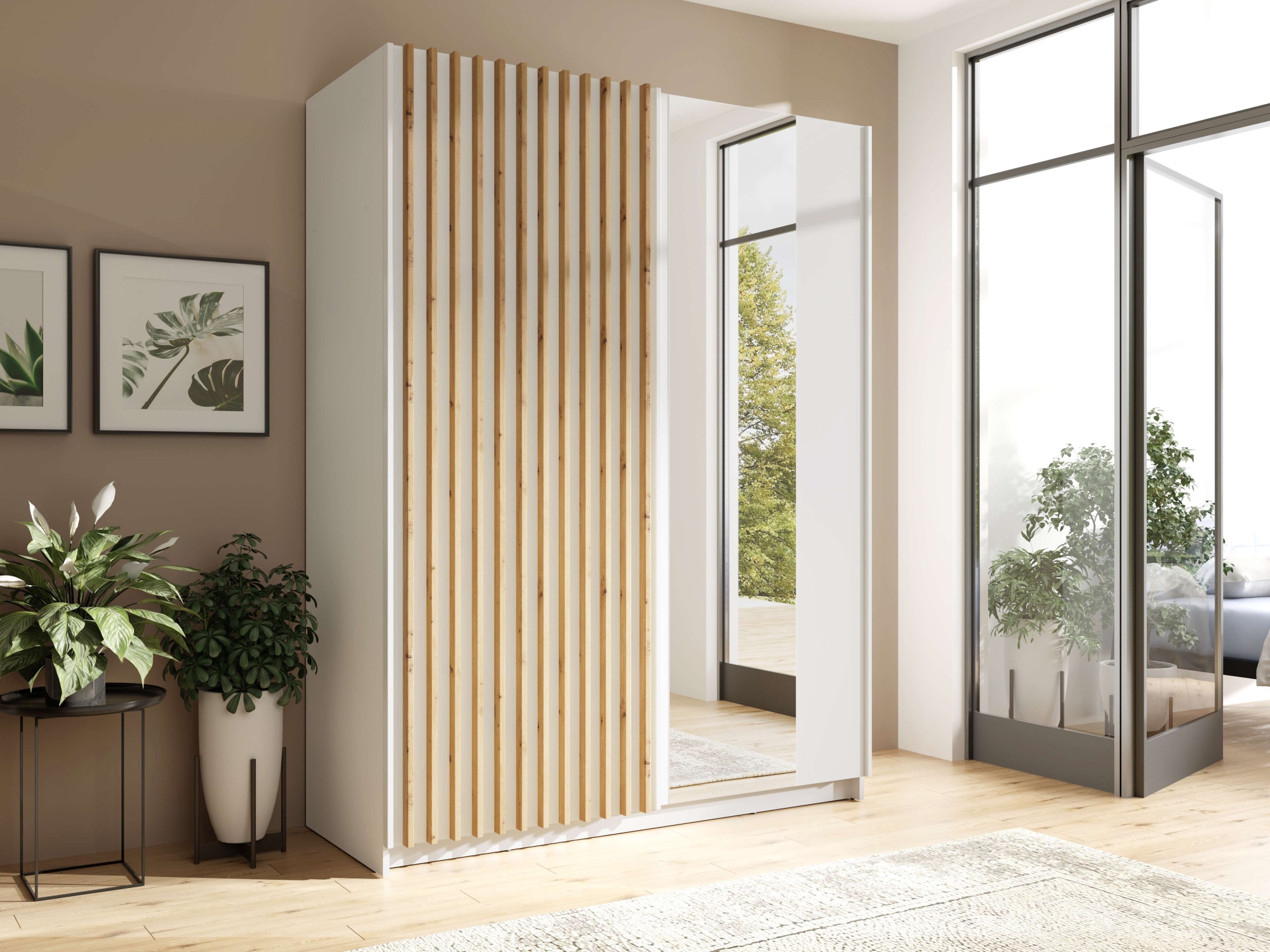 INOSIGN Kleiderschrank »Kleiderschrank Camden mit Spiegel, 4 Einlegeböden und Kleiderstange«, Garderobe mit 2 Schwebetüren und Lamellen, BxHxT 150,5x198,5x61,6 cm