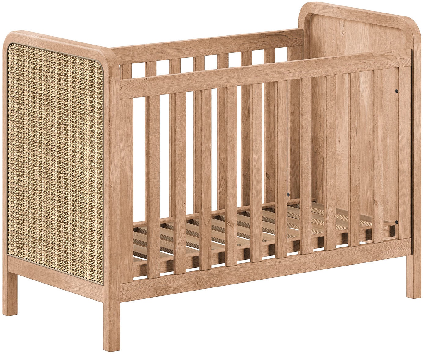 Vipack Babybett »Woods in klassiver Optik, wahlweise mit Rattan- oder Bouclé Optik« Eichenholz mit natürlichem Rattan oder Bouclé an Kopf- und Fußteil
