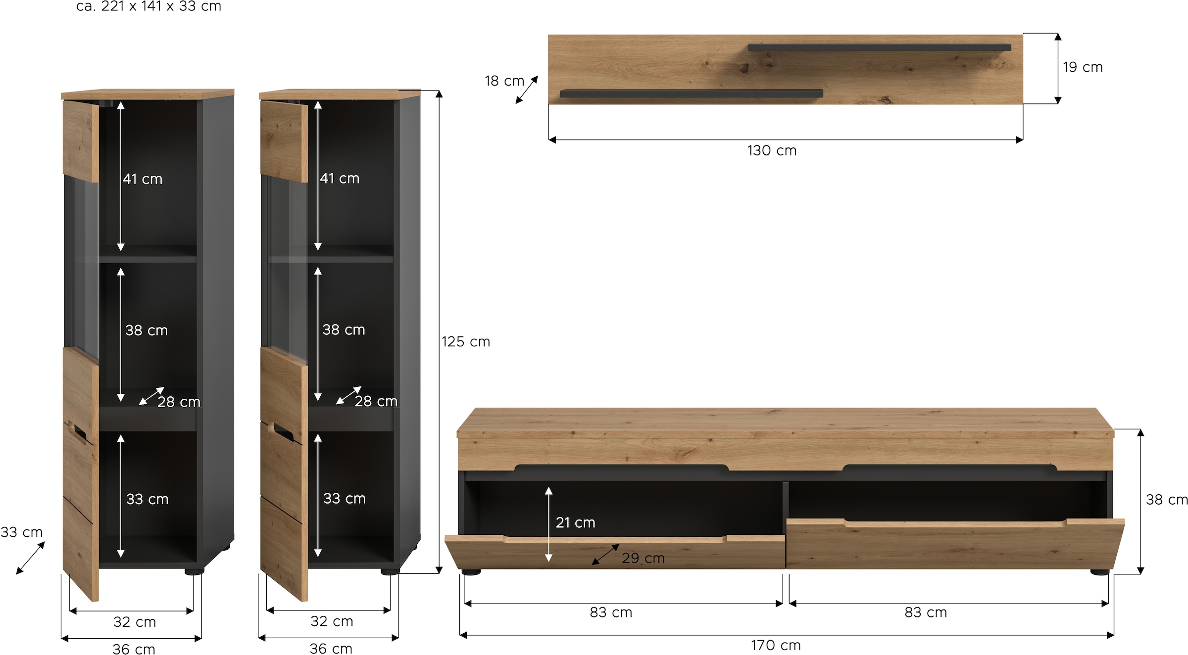 INOSIGN Wohnwand »REHAT, TOPSELLER!, 4-teilig, wahlweise stehend und hängend montierbar« Set bestehend aus: 2x Vitrine, Lowboard und Wandboard, 3 Stk. tlg.