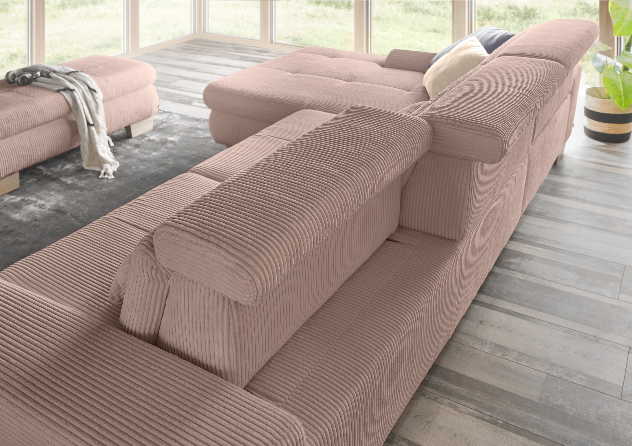 set one by Musterring Ecksofa »SO 3400 Sitzhöhe 47cm oder 49cm, Sitztiefe verstellbar, B/T: 307/195cm«, whlw. mit Funktion, Kaltschaum, in Cord, rose, Sitzhöhe 49