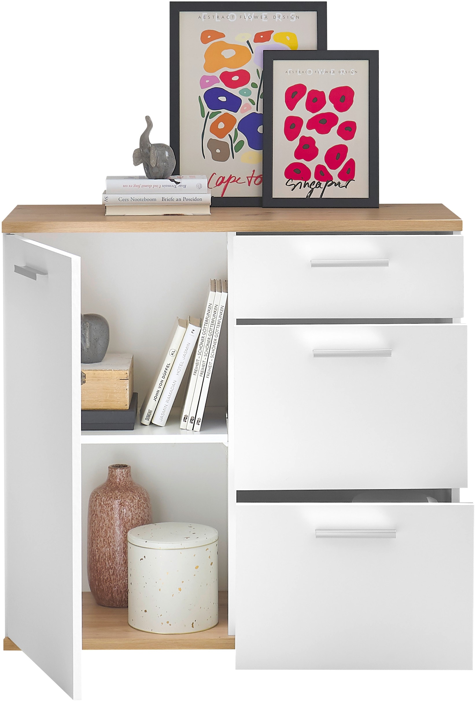 HBZ Kommode »BC1035 weiß matt, BxHxT 95x86x38 cm« Kommode mit 1 Tür, 3 Schubkästen, 1 Einlegeboden