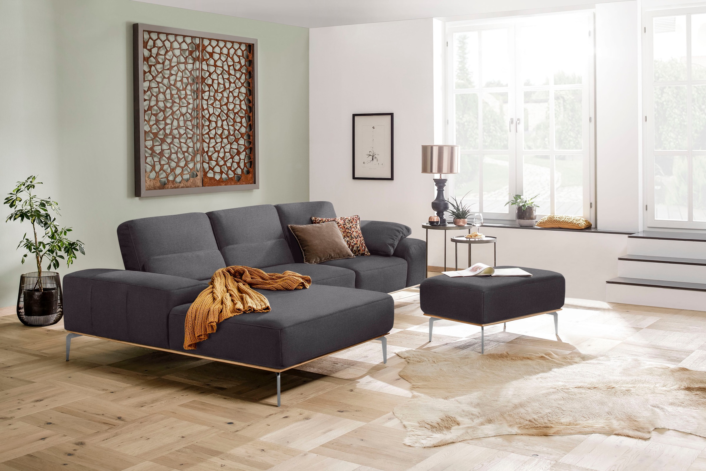W.SCHILLIG Polsterhocker »run«, mit elegantem Holzsockel, Füße in Chrom glänzend, Breite 75 cm