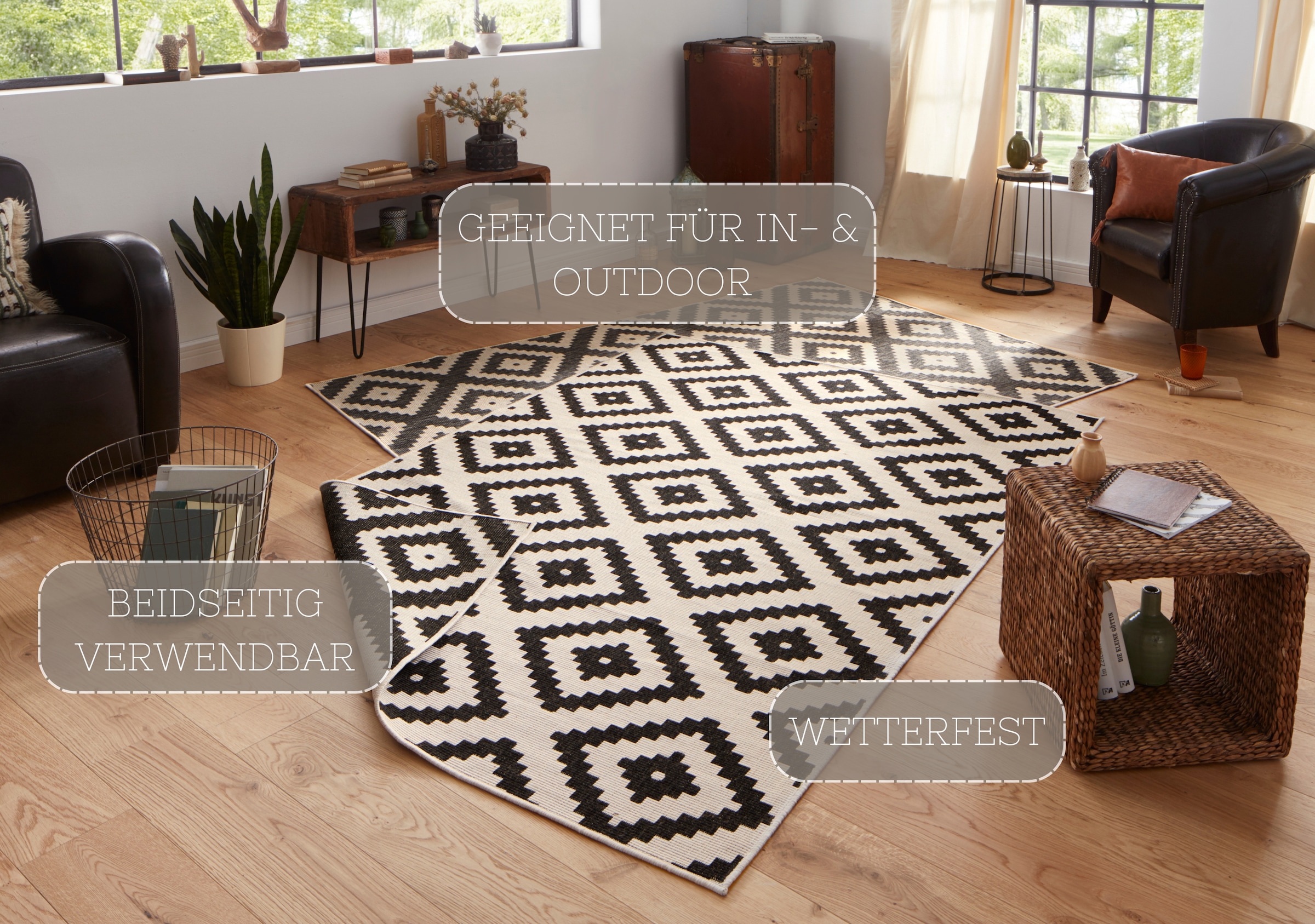 NORTHRUGS Teppich »Malta Wendeteppich«, rechteckig, 5 mm Höhe, In-& Outdoor, Wetterfest, Balkon, Terrasse, Raute, Läufer, Wohnzimmer