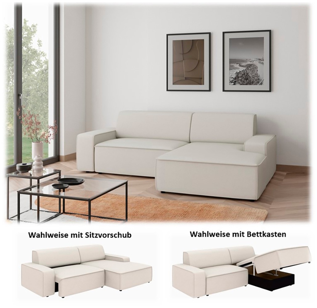 TRENDMANUFAKTUR Ecksofa »Graz, wahlweise mit Sitzvorschub und Bettkasten, L-Form, Breite 246 cm« in Cord-, haustierfreundlichem LEO Struktur- oder LUMOS-3D-Bezug
