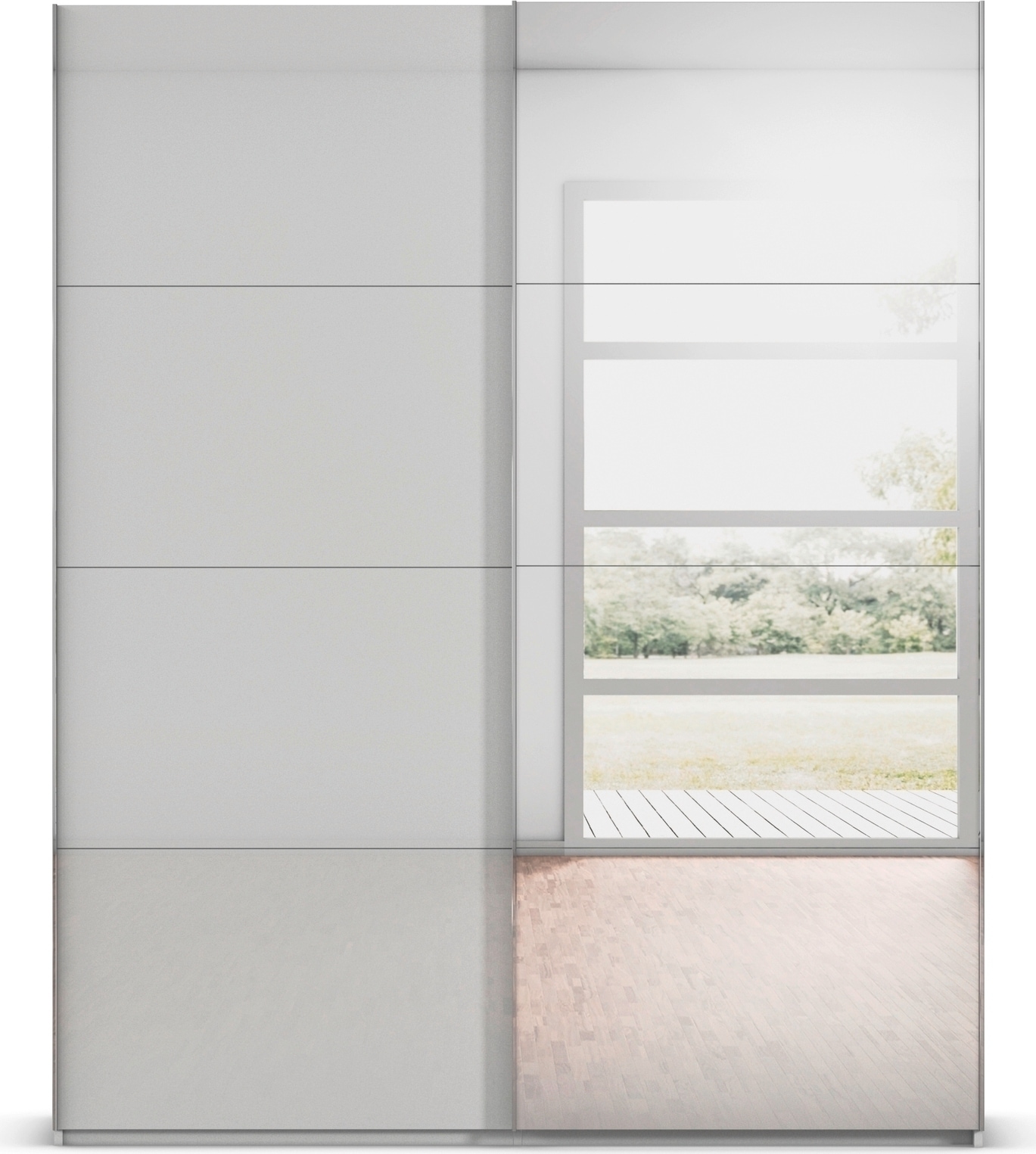 rauch Schwebetürenschrank »Kleiderschrank Schrank Garderobe Schlafzimmerschrank SCALE-FYRA«, edle viergeteilte Türen Spiegel/Glas-Mix viele Farben MADE IN GERMANY