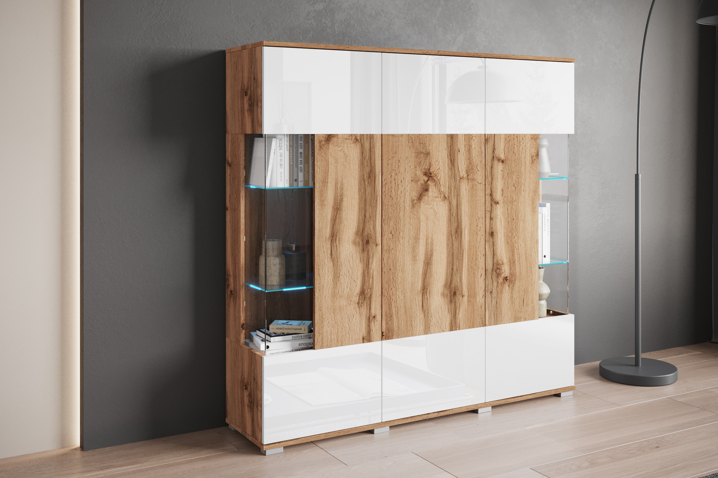INOSIGN Highboard »Kenia«, (1 St.), Modernes Highboard, mit Glastüren, Breite 135 cm