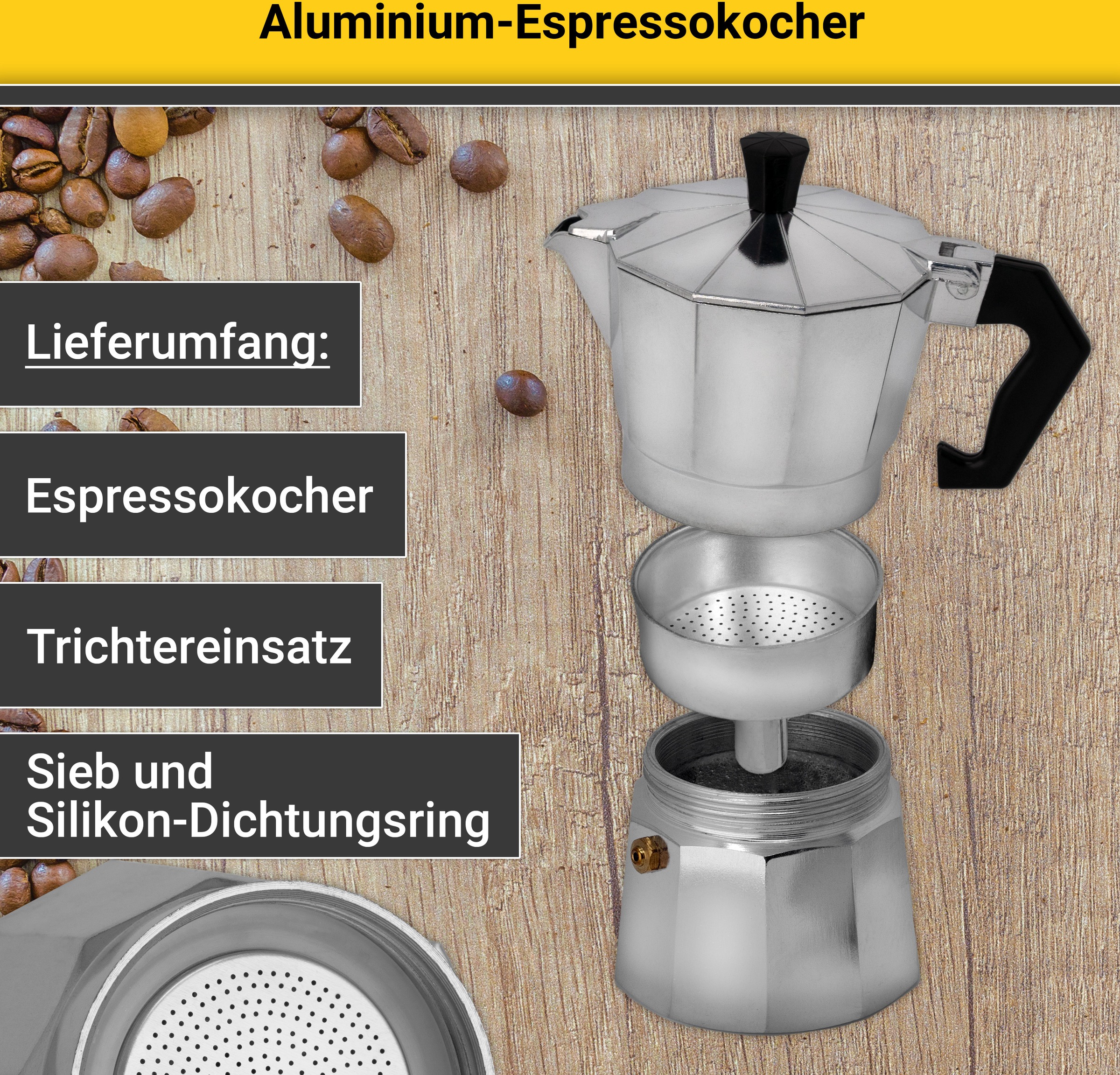 Krüger Espressokocher »Italiano«, 0,2 l Kaffeekanne, traditionell italienisch, aus Aluminium, mit Silikon-Dichtungsring