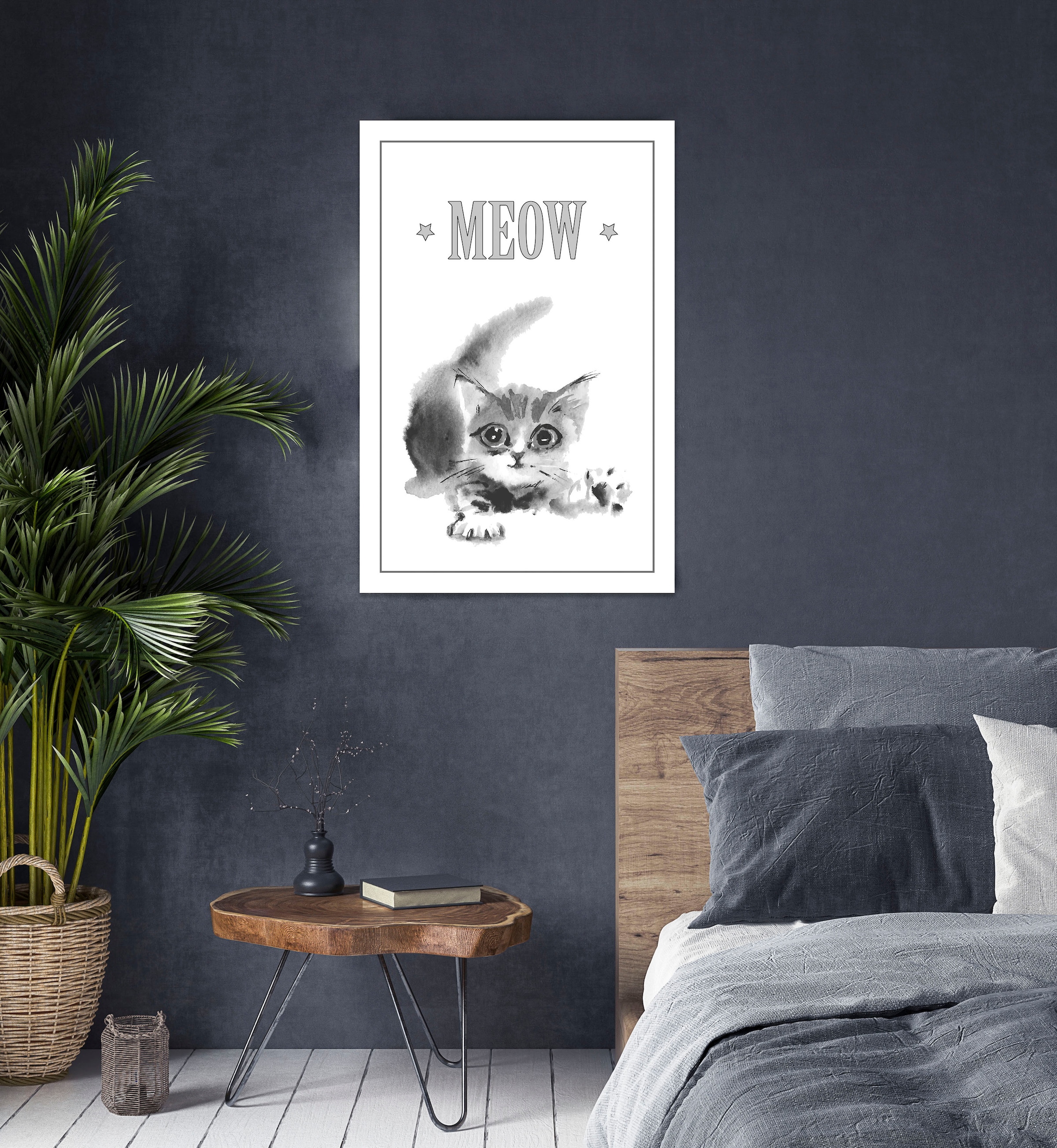 queence Leinwandbild »Katze MEOW«, Kunst-Modern-Schriftzug-Tiere-Katze-Katzen-Katzenbilder-Schwarz-Weiß, Premium-Leinwandstoff, Handarbeit aus Deutschland