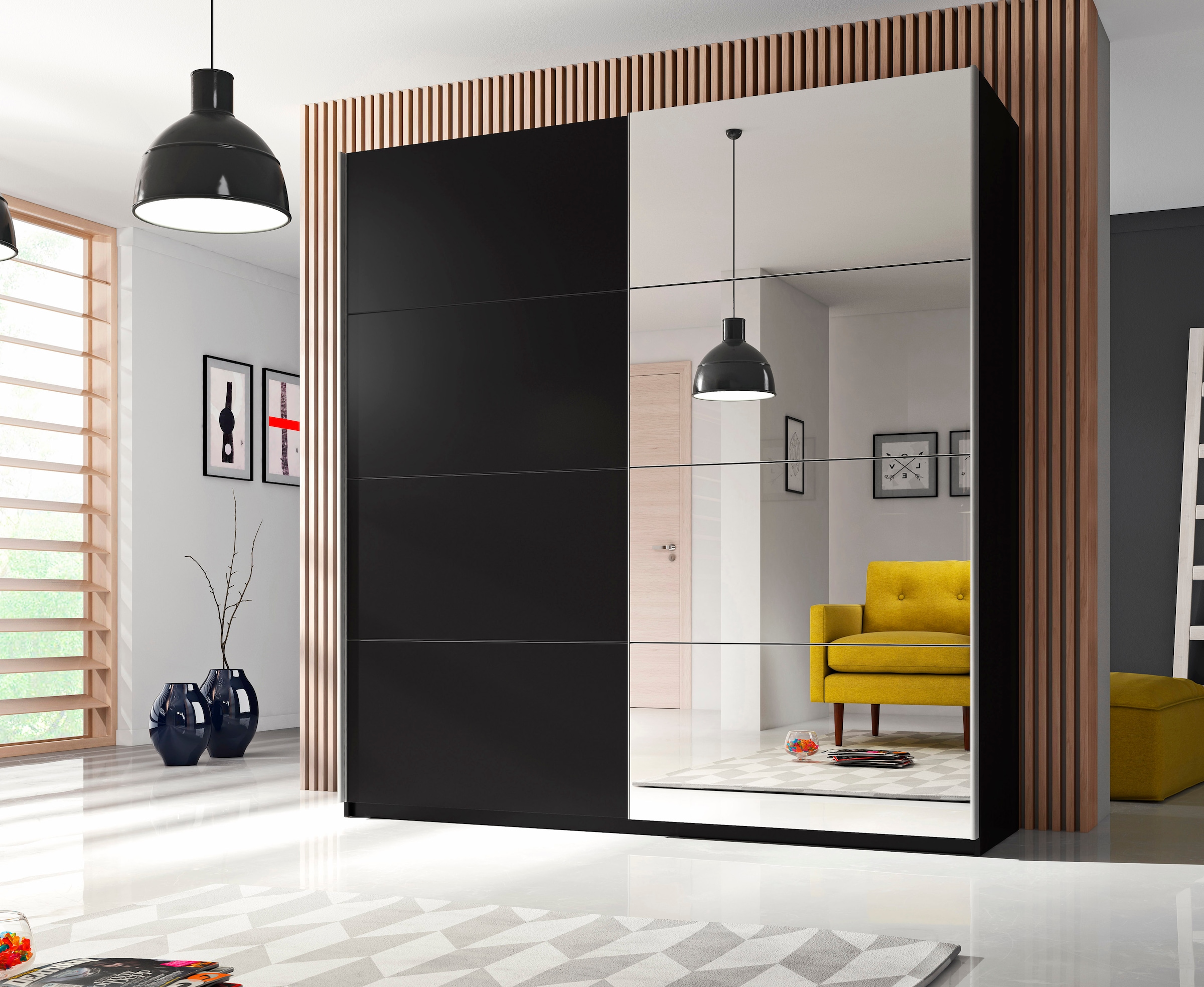 Helvetia Schwebetürenschrank Beta, mit Spiegelelement, inkl. 1 Kleiderstange und 5 Einlegeböden