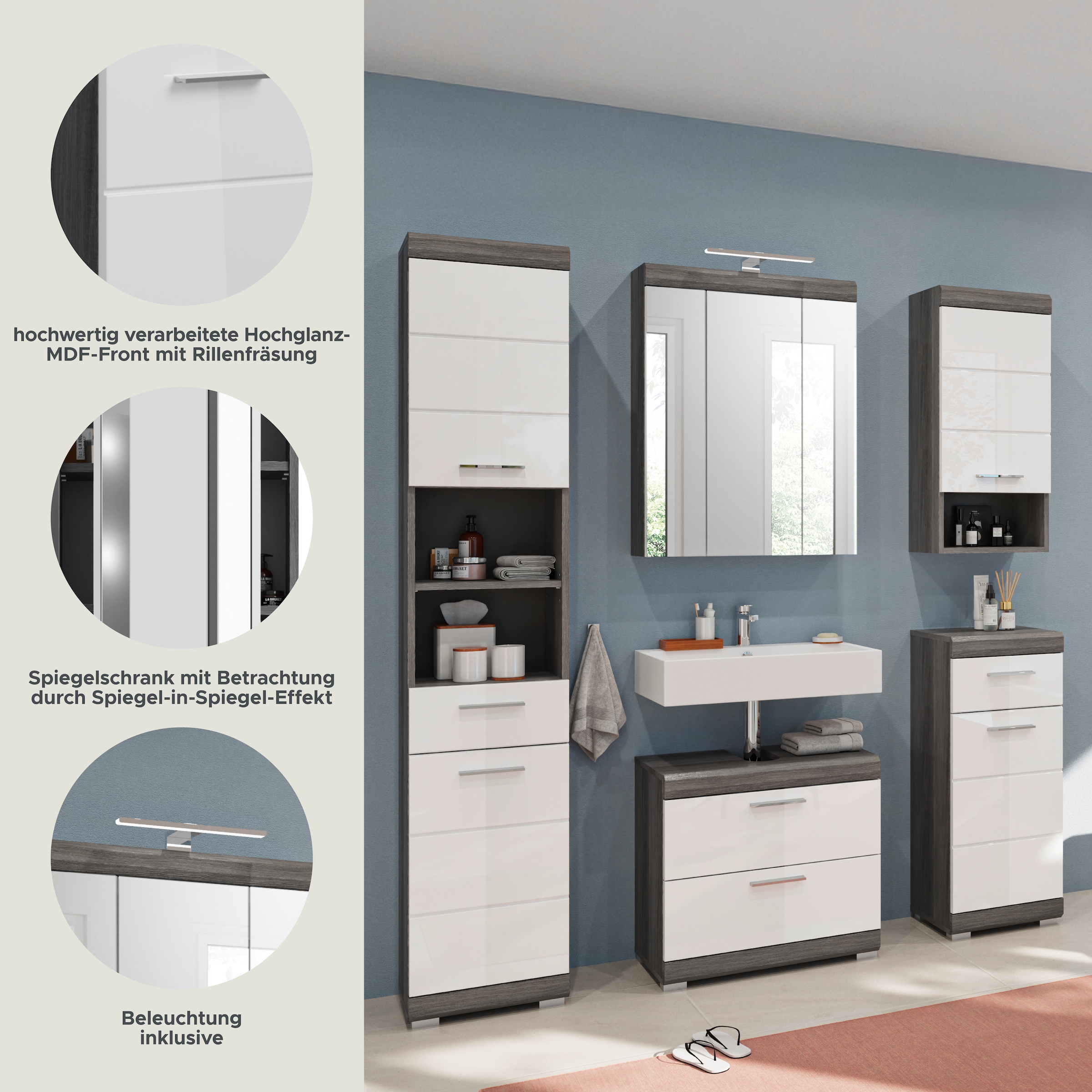 INOSIGN Badmöbel-Set »Siena, 5 teilig, inklusive LED Beleuchtung, bestehend aus:«, (Set, 5 St., TOPSELLER!), Hochschrank, WBU, Spiegelschrank, Unterschrank, Hängeschrank