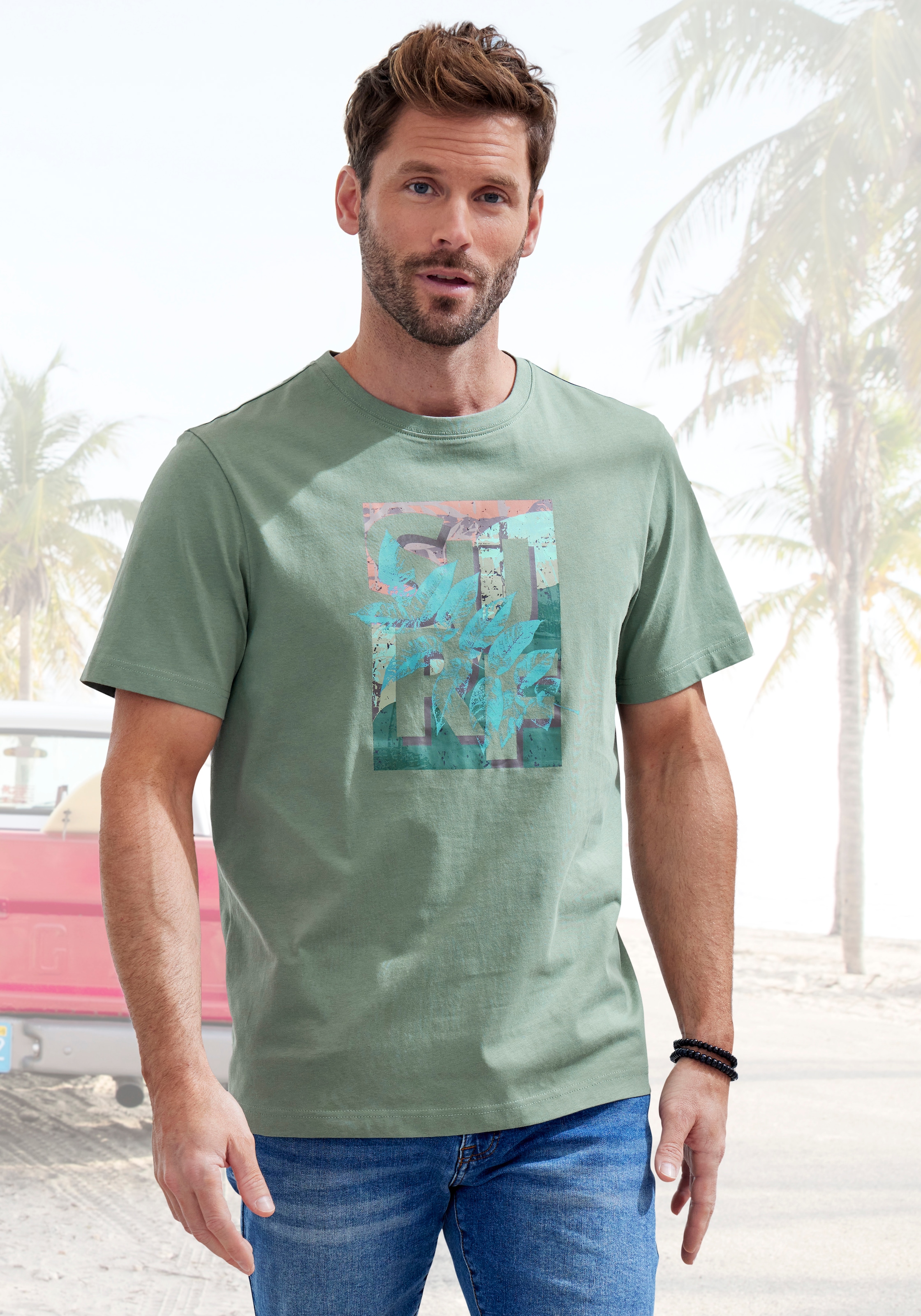 John Devin T-Shirt, Rundhalsshirt mit Surf -Aufdruck aus reiner Baumwolle