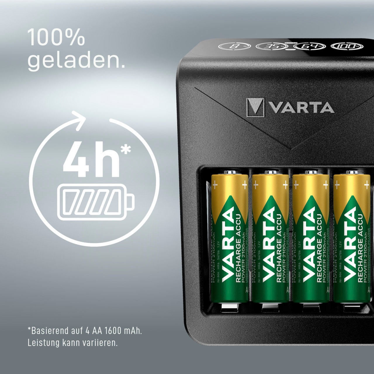 VARTA Batterie-Ladegerät »VARTA LCD Plug Charger+ 4x AA Accus«, 2100 mA, (Set, 5 St.)