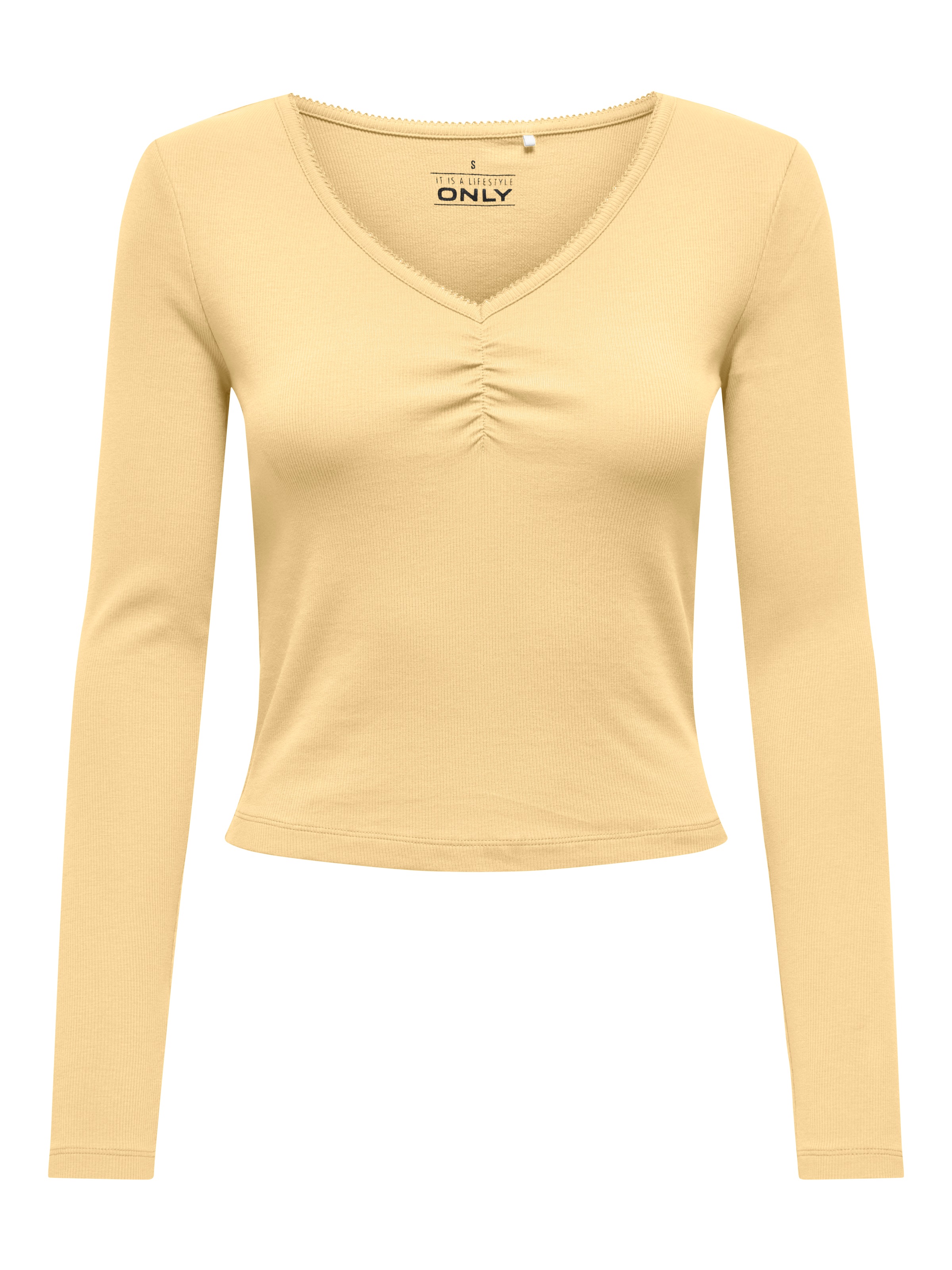 ONLY Langarmshirt »ONLBETTY LIFE L/S SCALLOP V-NECK CC JRS« mit Raffung am Ausschnitt