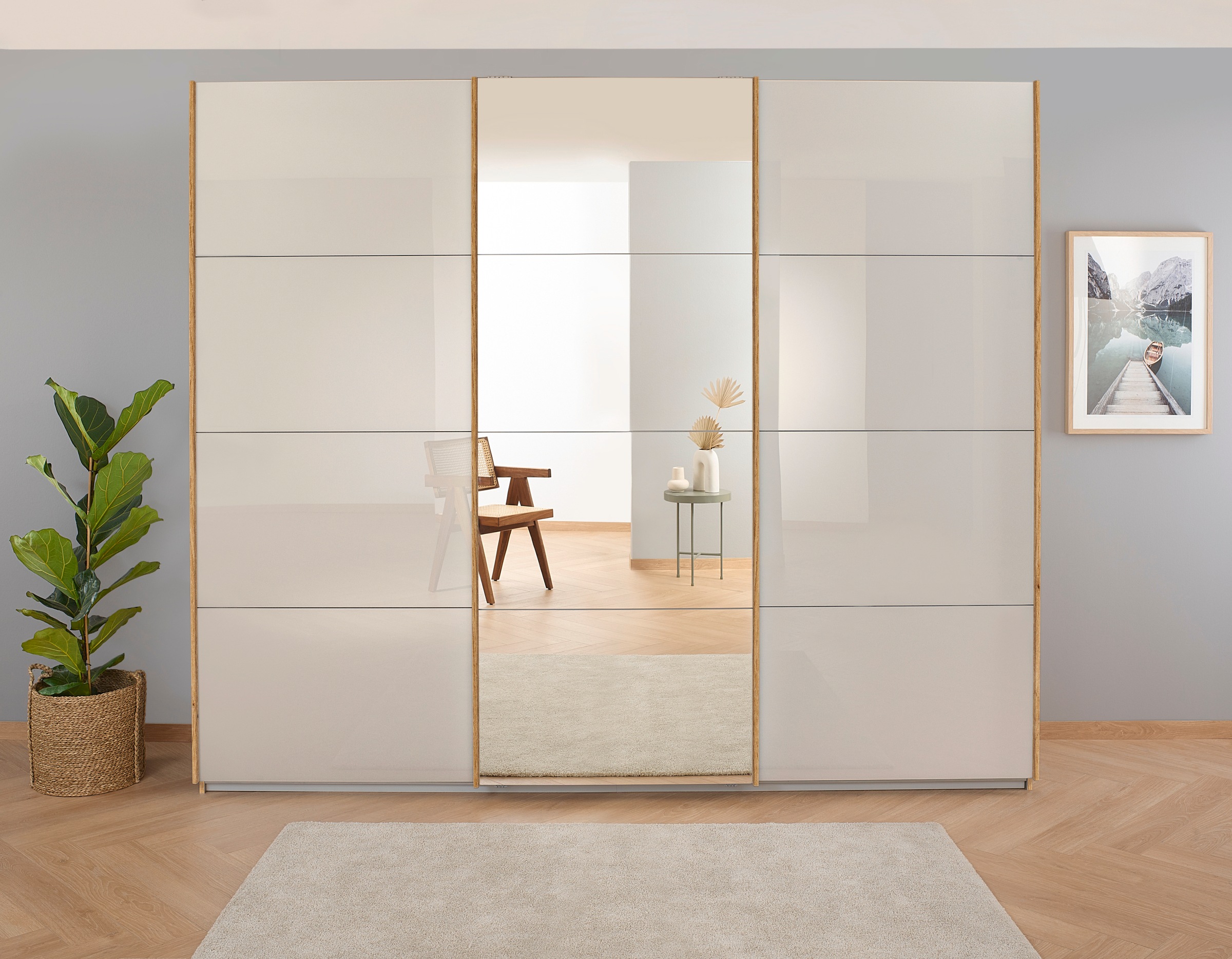 rauch Schwebetürenschrank »Kleiderschrank Schrank Garderobe KOLUNA mit Glastüren und Spiegel«, inkl. 2 Innenschubladen sowie extra Einlegeböden MADE IN GERMANY