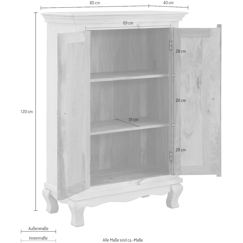 Home affaire Kommode »Rajat«, aus schönem massivem Mangoholz, mit dekorativen Fräsungen, Breite 80 cm