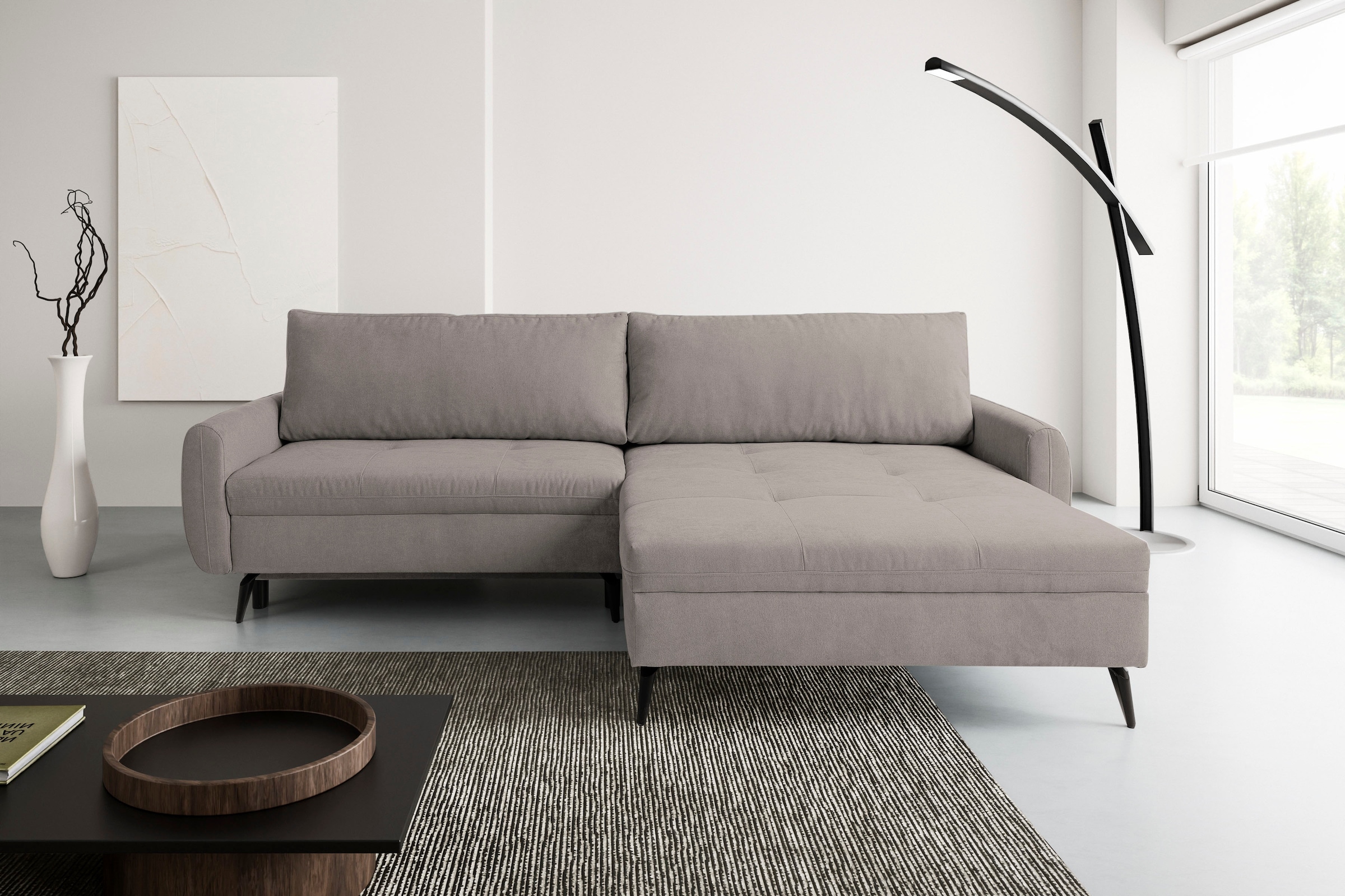 WERK2 Ecksofa »Figo inkl. Bettfunktion und Bettkasten, bequem, Breite 273cm, L-Form« Moderne, teilmassive Polsterecke, Komfortpolsterung und losen Kissen.