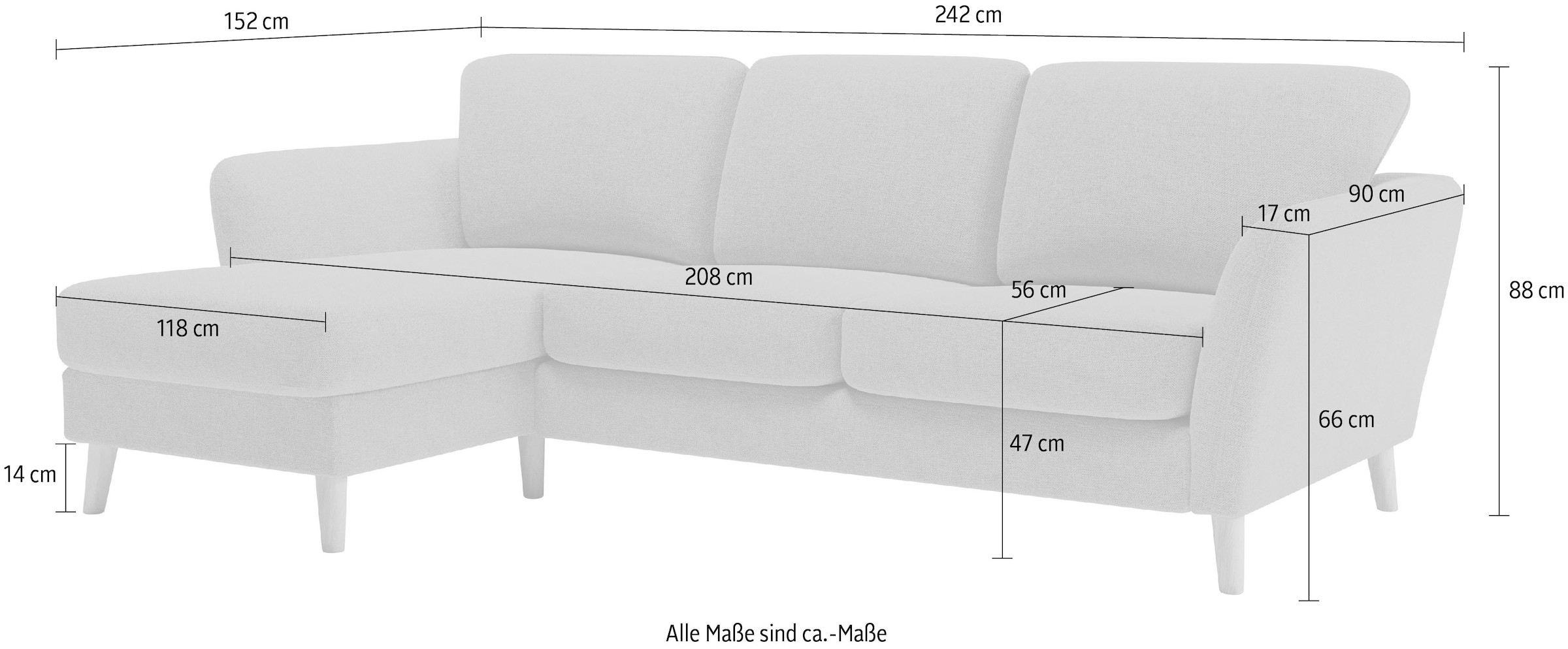 Home affaire Ecksofa »MARSEILLE (242/152cm),L-Form, Rec. rechts/links«, Massivholzbeine Eiche, Landhausstil, Wellenunterfederung