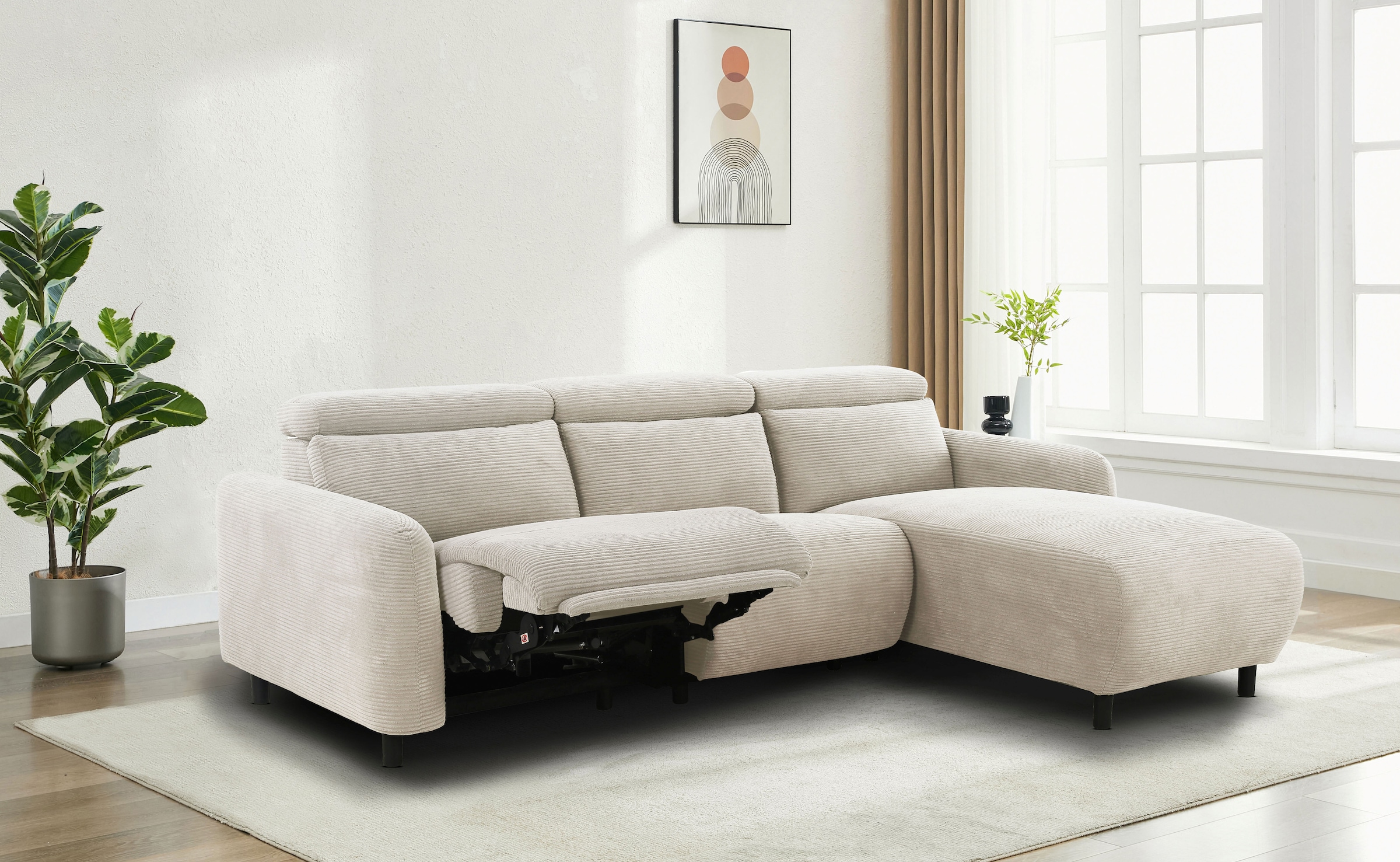 Home affaire Ecksofa »SKAANE in Cord, L-Form, 274 cm, manuelle u. elektrische Funktion,«, rundes Design, Kopfteilverstellung, Federkernpolsterung