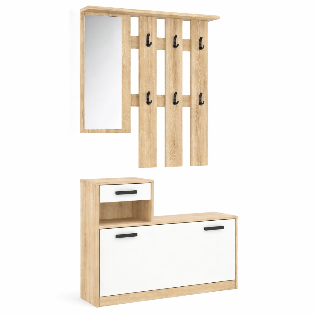 OTTO home Garderoben-Set »Luna Kommode mit 1 Klappe + 1 Schubkasten, Paneel mit Spiegel 6 Haken« 2 Stk. tlg.