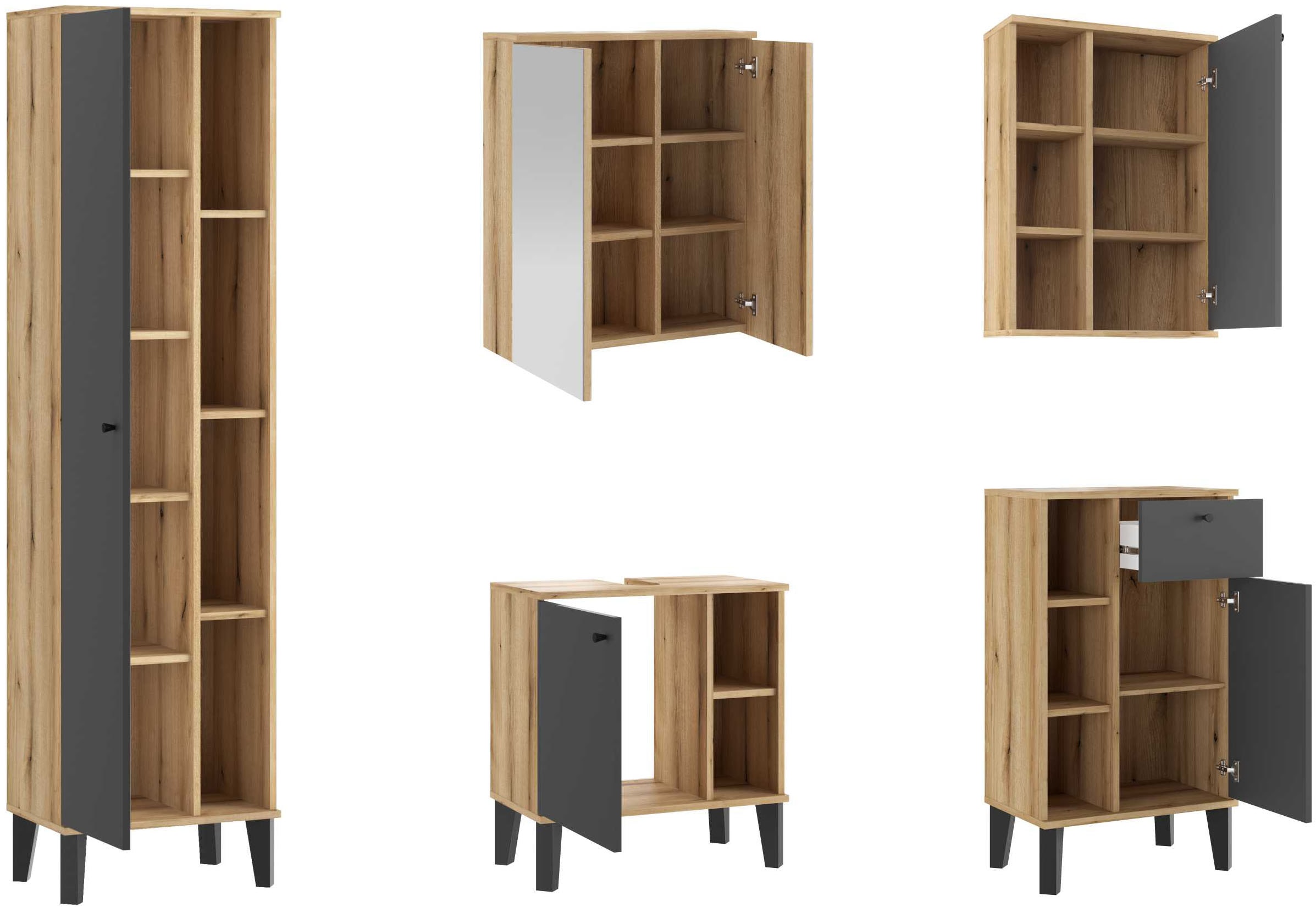INOSIGN Badmöbel-Set »OSLO, Bad im skandinavischen Design, 5-teiliges Badezimmer«, (Set, 5 St.), Badschränke und Spiegel, in zwei Farben verfügbar, viel Stauraum