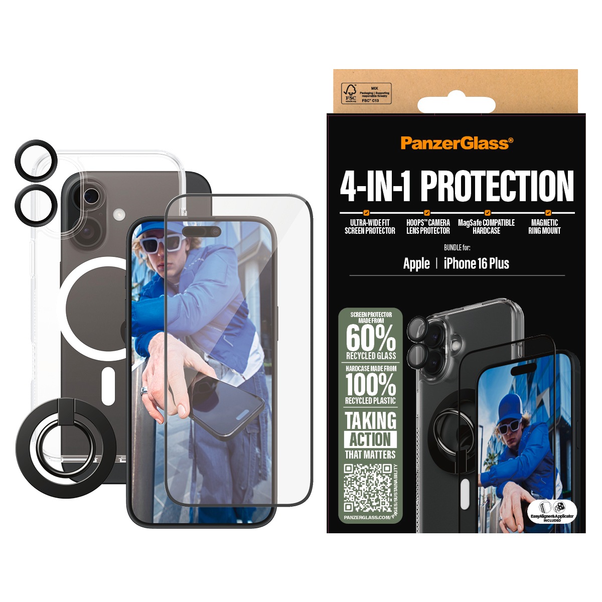 PanzerGlass Displayschutzglas »4-in-1 Protection, Glass, Hoops, Case, Ring Mount«, für Apple iPhone 16 Plus, Displayschutzfolie, Schutzfolie, Bildschirmschutz, kratz- & stoßfest