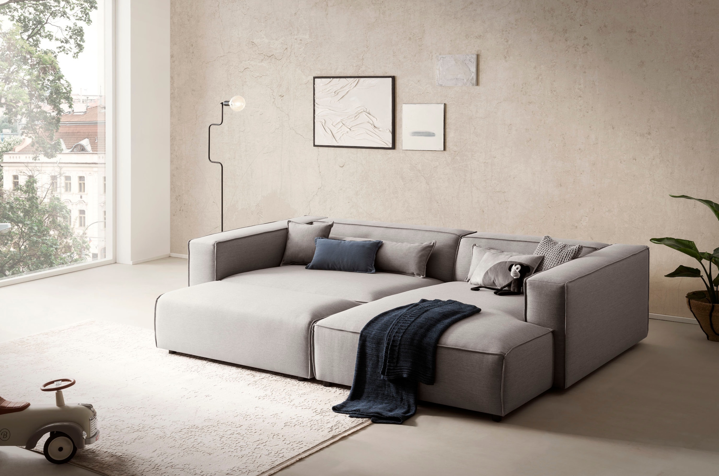 LeGer Home by Lena Gercke Ecksofa »PIARA XXL, L-Form, Schlaffunktion, Cord, Leinenoptik o. Strukturstoff« Hocker stellbar zum Schlafsofa (Krokodilverbinder), tiefe Sitzfläche