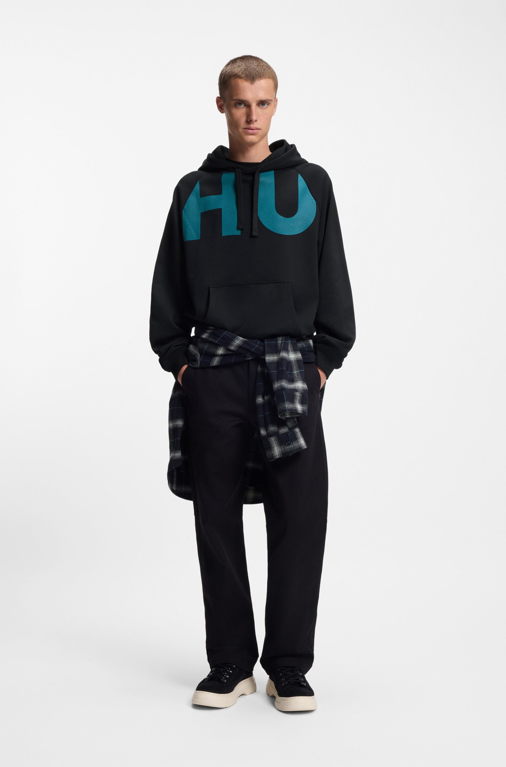 HUGO Blue Hoodie , Loose Fit, Druck vorne und hinten, Kapuze mit Kordelzug, Kängurutasche
