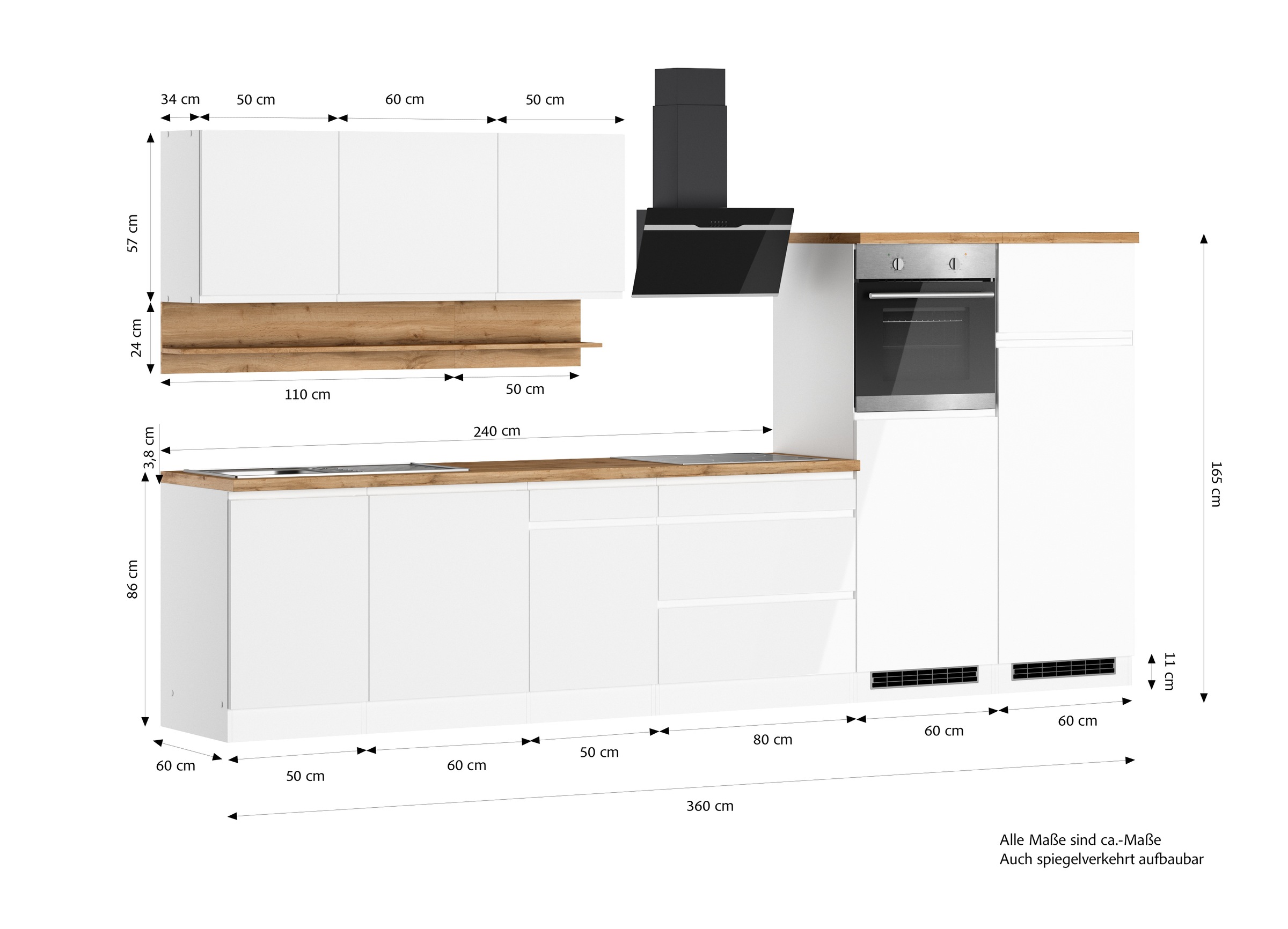 KOCHSTATION Küchenzeile »KS-Virginia,neu in verbesserter Ausführung« Arbeitsplatte 38 mm stark, Stauraum, Softclose,  Breite 360 cm, Softclose, wahlweise mit E-Geräten und Induktion
