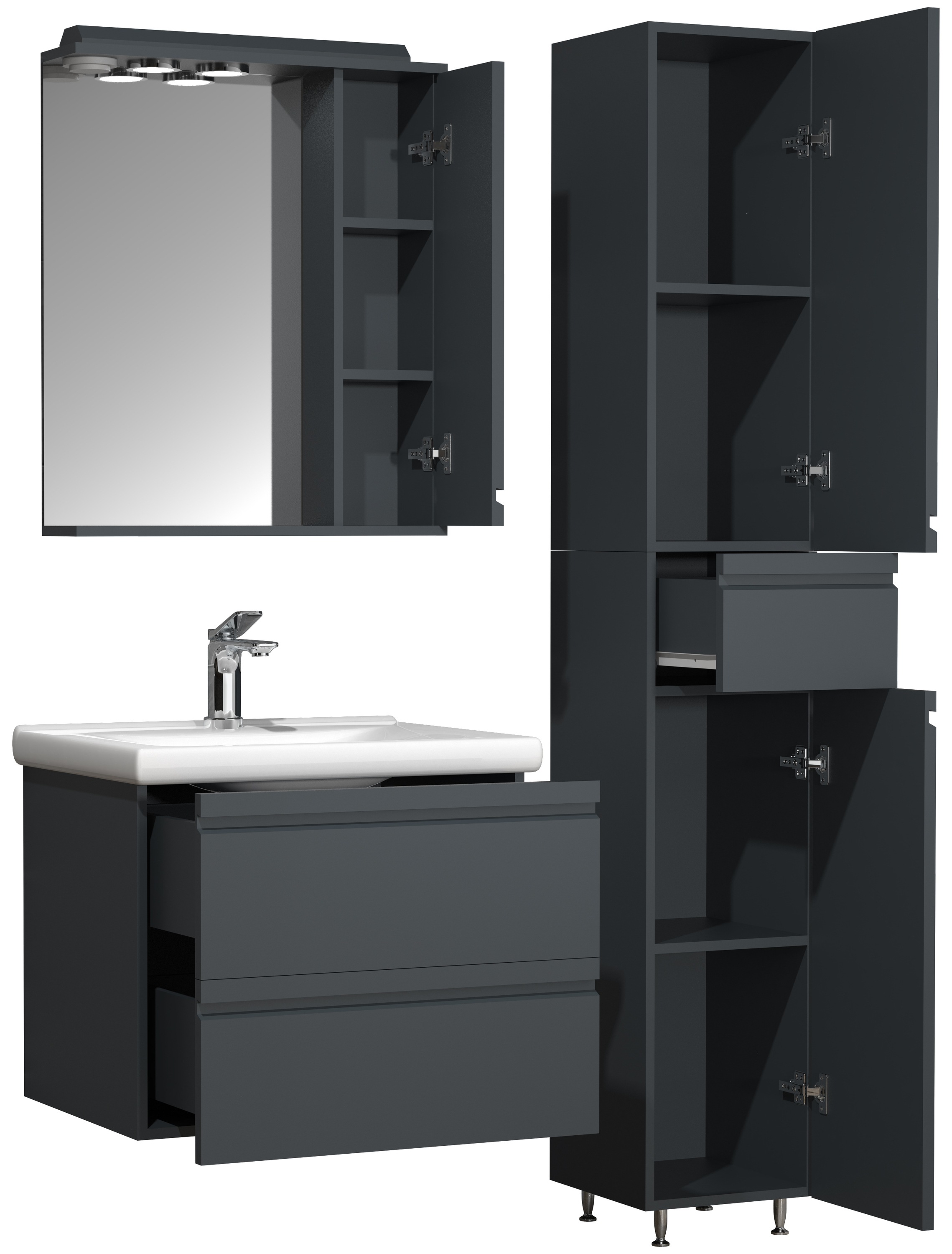 VCM Waschbeckenunterschrank »VCM 4-tlg. Waschplatz Waschtisch 60 cm Badmöbel Set Waschbecken grifflose Schublade Spiegelschrank Hochschrank Silora L«, (4 St.)