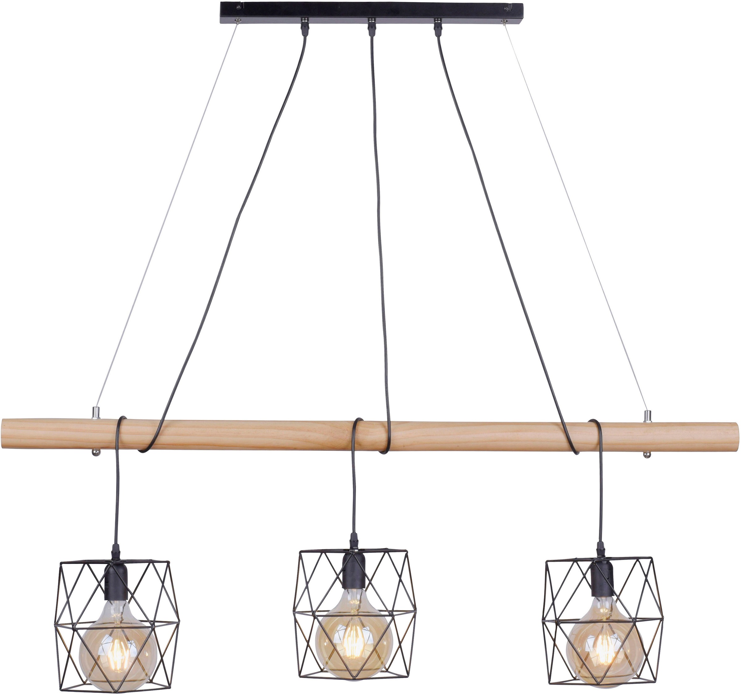 JUST LIGHT LED Pendelleuchte »EDGAR«, 3 flammig, Leuchtmittel E27 | ohne Leuchtmittel, Kombination aus lackierten Metallkörbchen & rustikalem Pinienholz