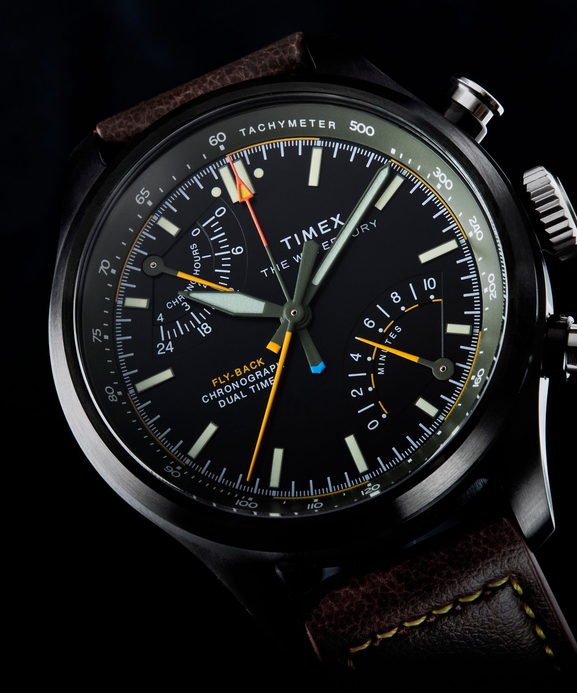 Timex Quarzuhr »Waterbury Ace Fly-Back Chronograph« Armbanduhr, Herrenuhr, Lederarmband, analog, Beleuchtung