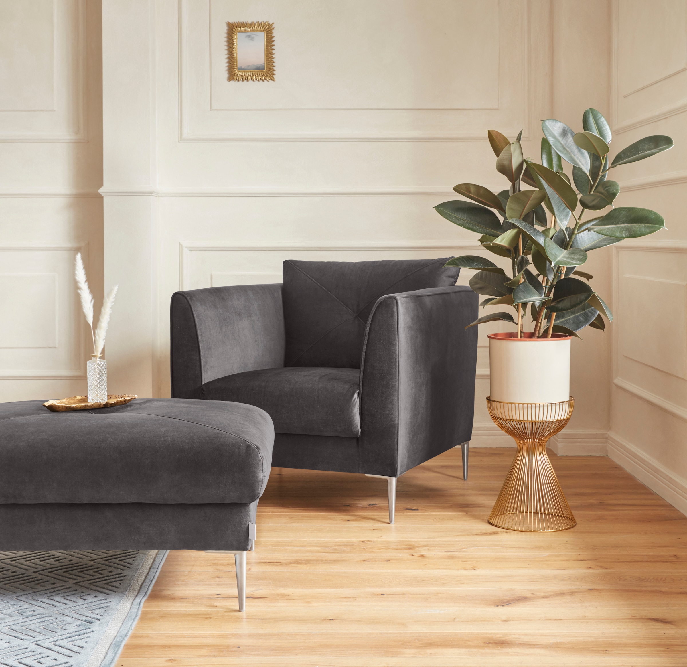 Guido Maria Kretschmer Home&Living Hocker »Chilltime, elegant und bequem durch Komfortsitzhöhe 46cm, hoher Fuß«, mit eleganter Kreuznaht auf der Sitzfläche