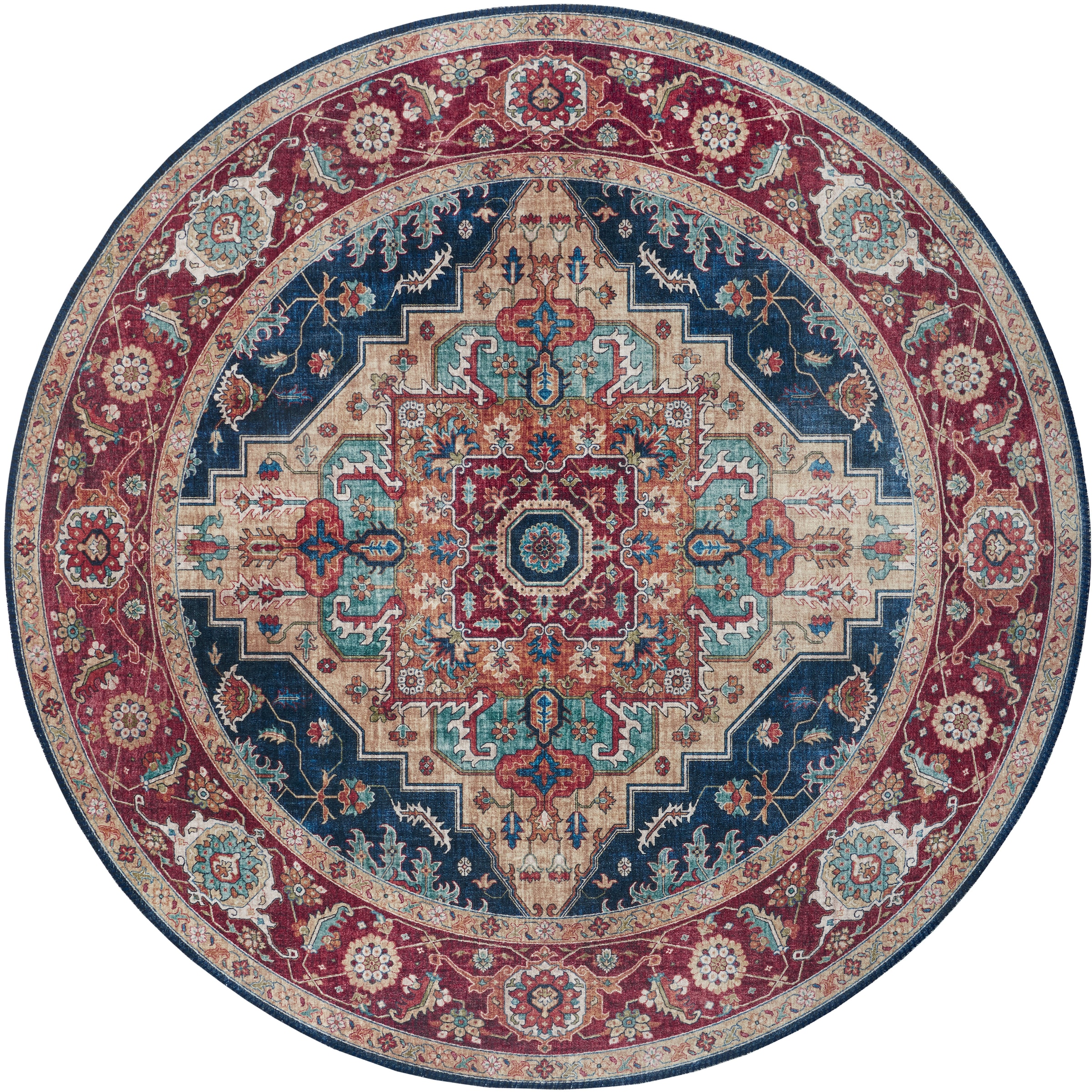 THE RUGS Oriental Sylla Rug Polyester Vintage Flatweave - Soft Durable Floral | Size: 160cm diameter