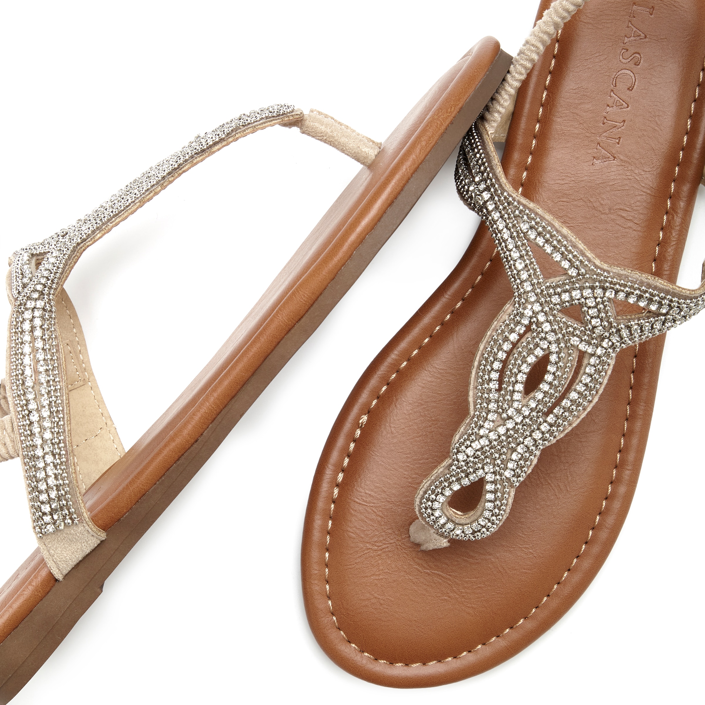 LASCANA Zehentrenner »Sommerschuh, offener Schuh,«  Sandale, Pantolette mit Schmucksteinen in Glitzer-Optik VEGAN