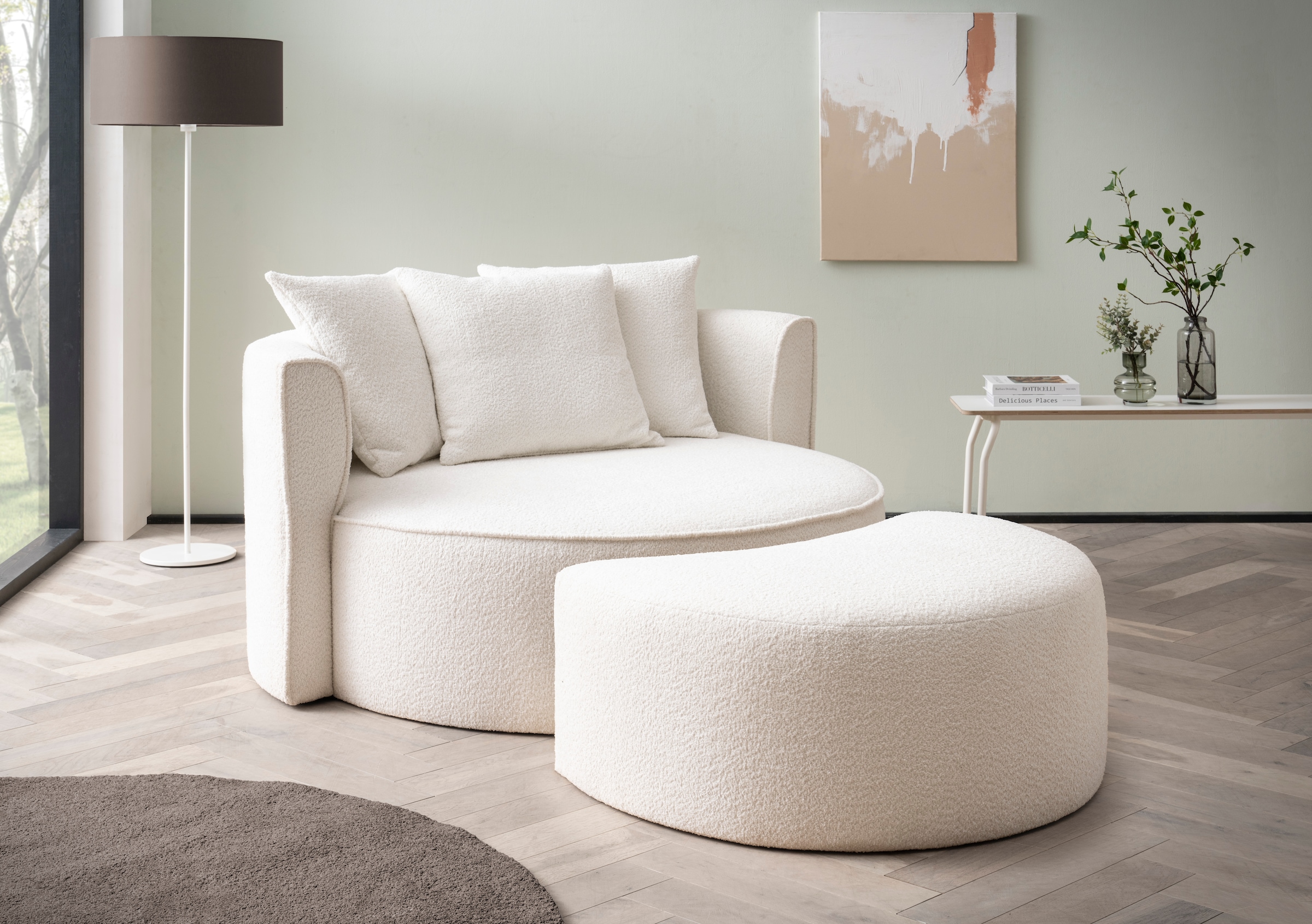 LeGer Home by Lena Gercke XXL-Sessel »ISALIE, Rundsessel mit Hocker, Lesesessel, Loveseat, Big-Sessel«, (Set), trendige Stoffe, mit 3 Zierkissen, große Sitzfläche