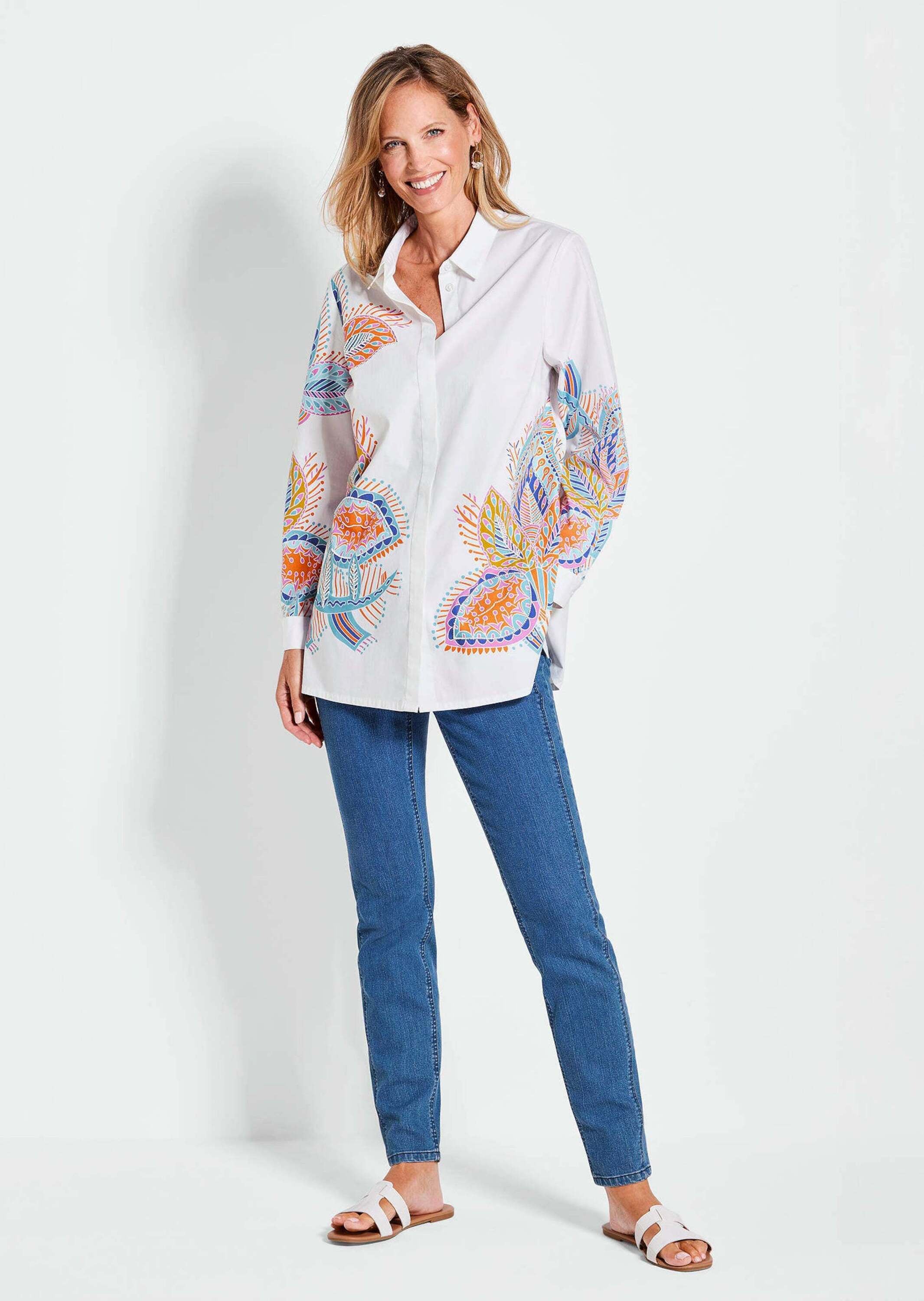 GOLDNER Kurzarmbluse »Kurzgröße Elegante Langarmbluse mit Print« Perlenstickerei