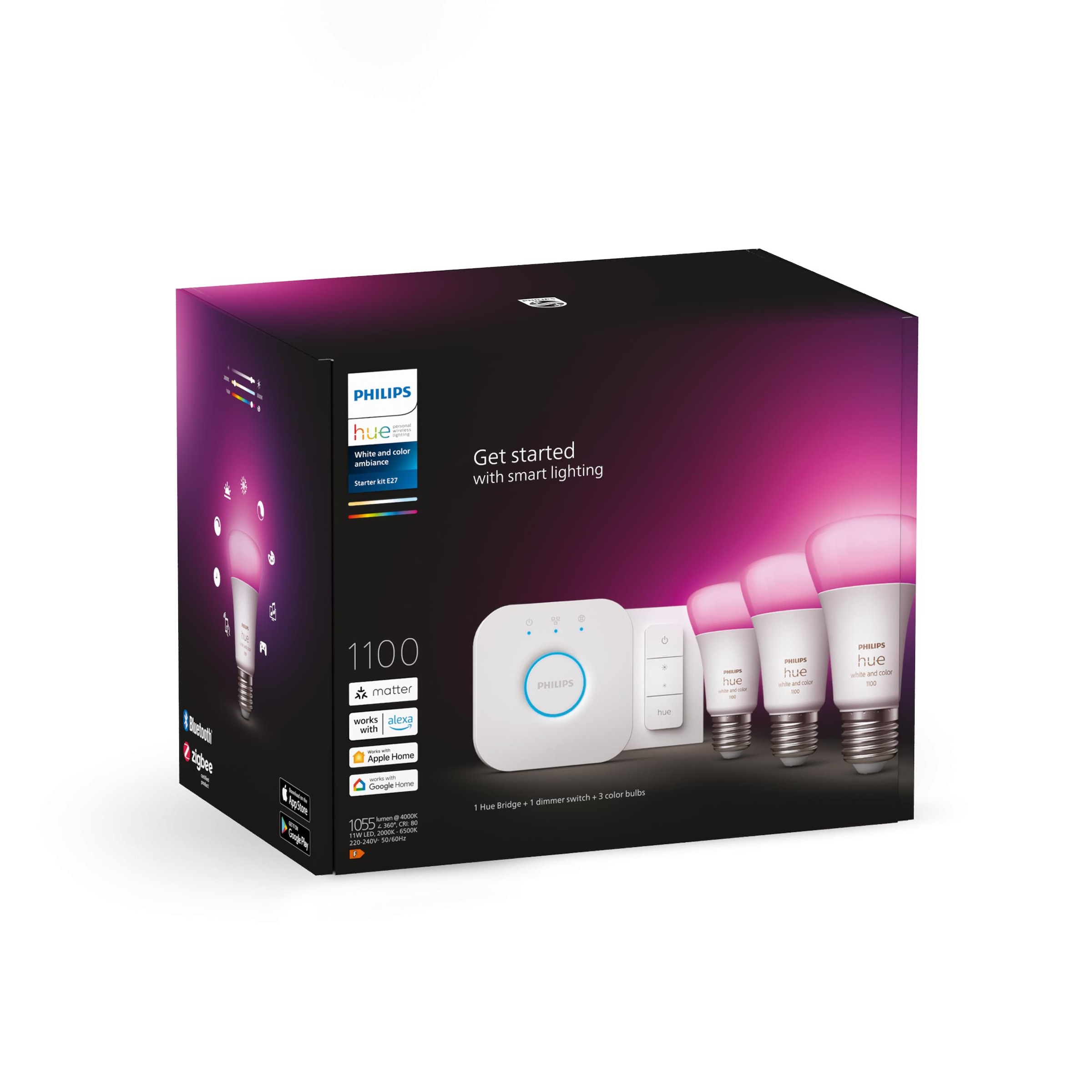 Philips Hue Smarte LED-Leuchte »White & Col. Amb. E27 3er Starter Set inkl. DimmerSwitch 3x1100«